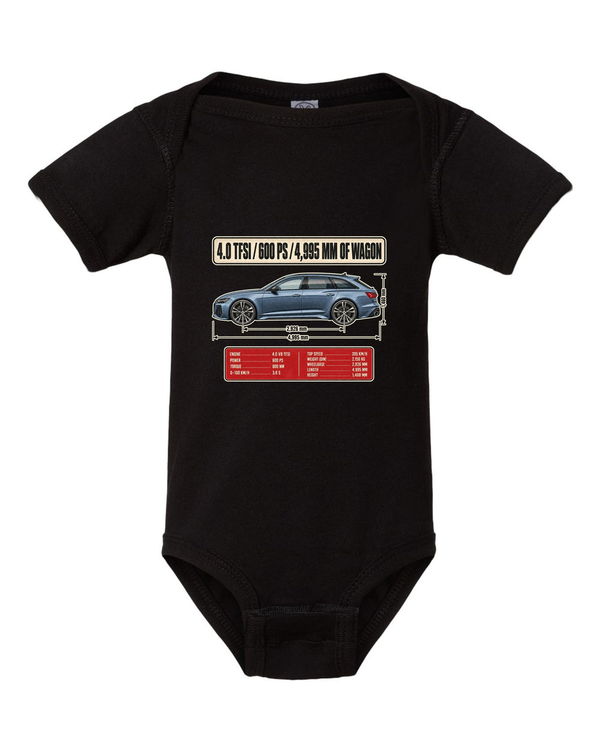 Audi RS6 Avant C8 wagon dimension blueprint print black baby onesie front view with the design