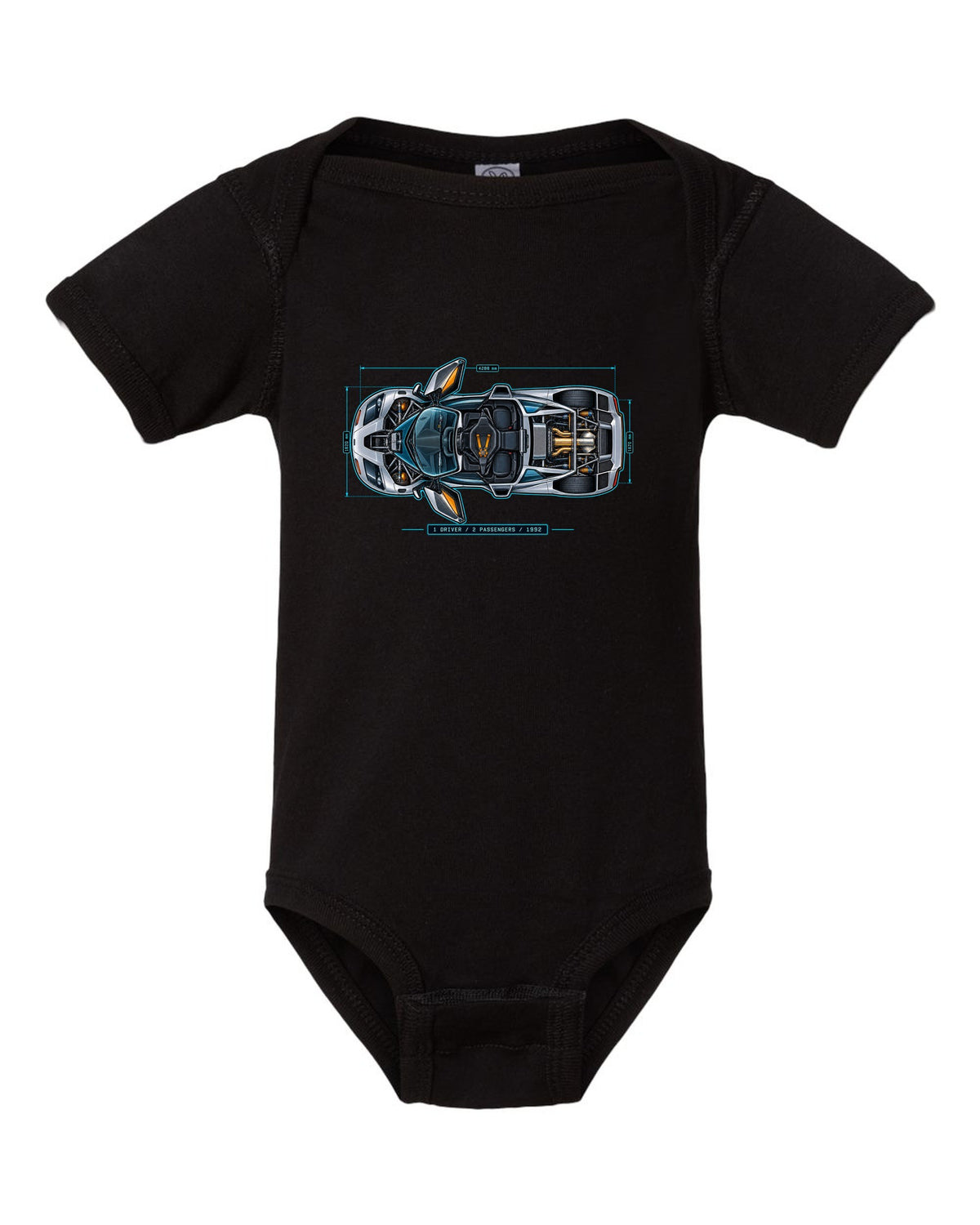 Technical blueprint print of the McLaren F1 with 1 Driver 2 Passengers 1992 lettering black baby onesie front view with the design