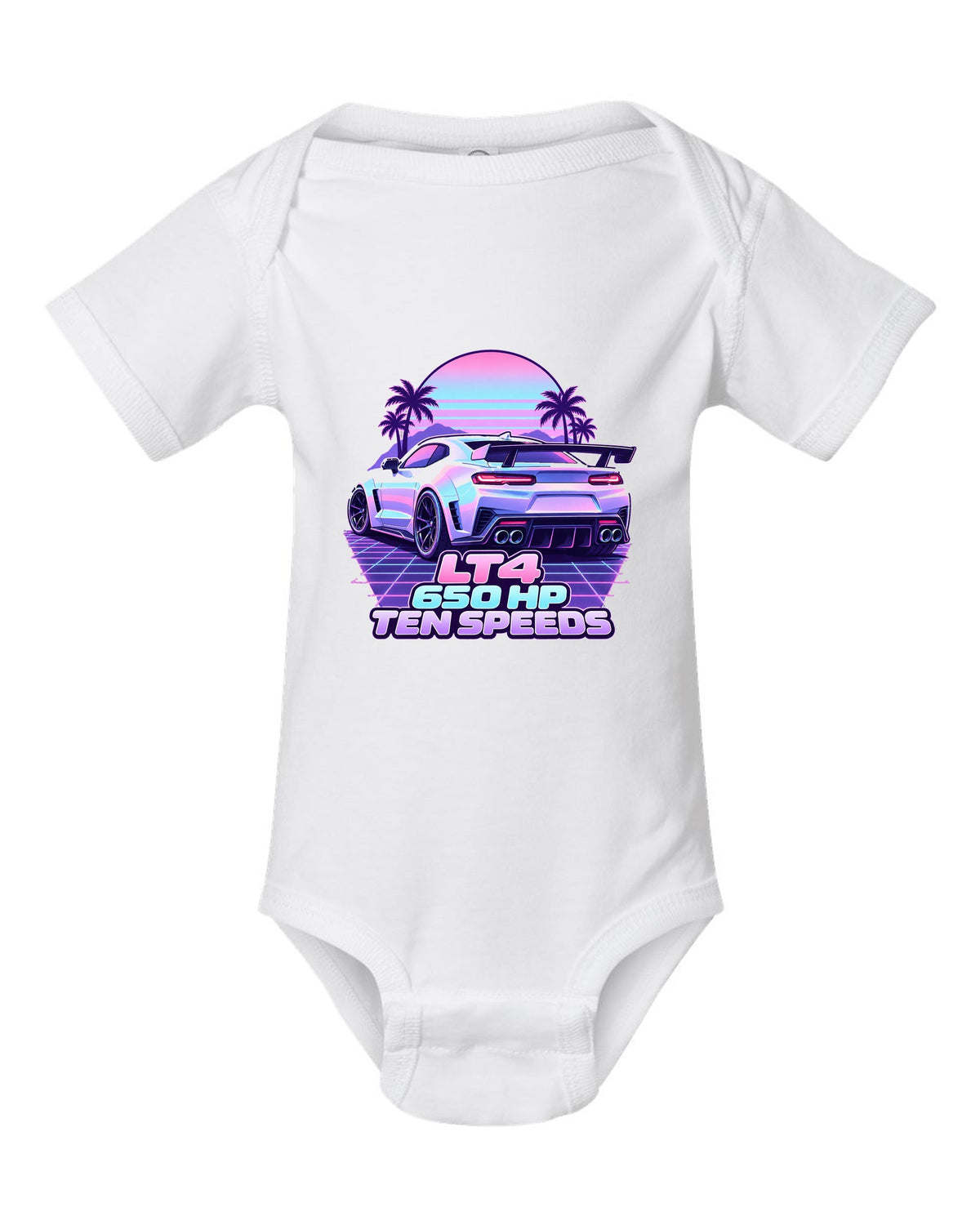 2019 Chevrolet Camaro ZL1 LT4 vaporwave pastel print with 650 HP text white baby onesie front view with the design