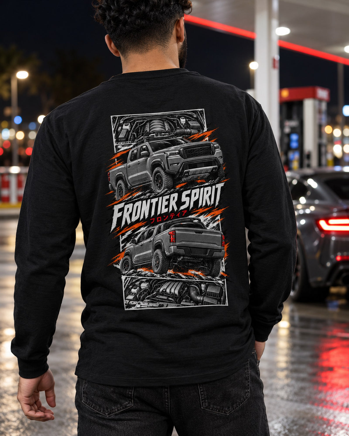 Nissan Frontier Torn Poster Full-Back Graphic Tee Long Sleeve Black worn hero