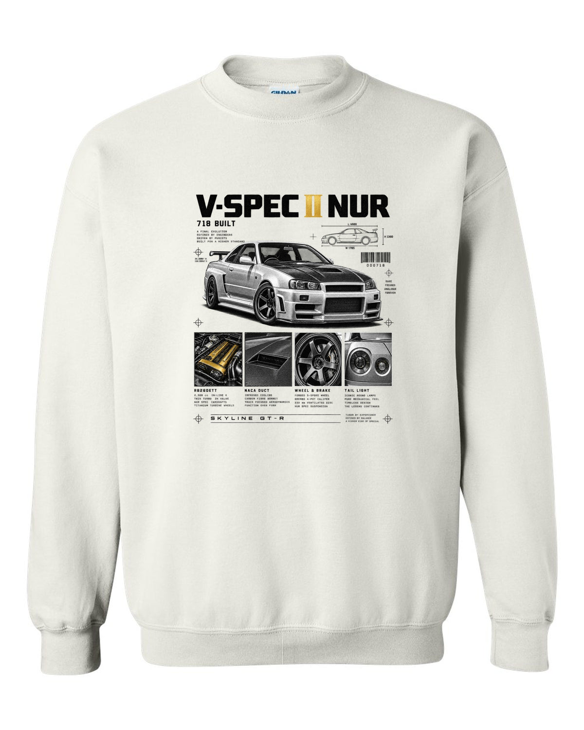Dossier panels of a Nissan Skyline GT-R R34 V-Spec II Nur with 718 built and gold cam covers lettering white crewneck front view with the design