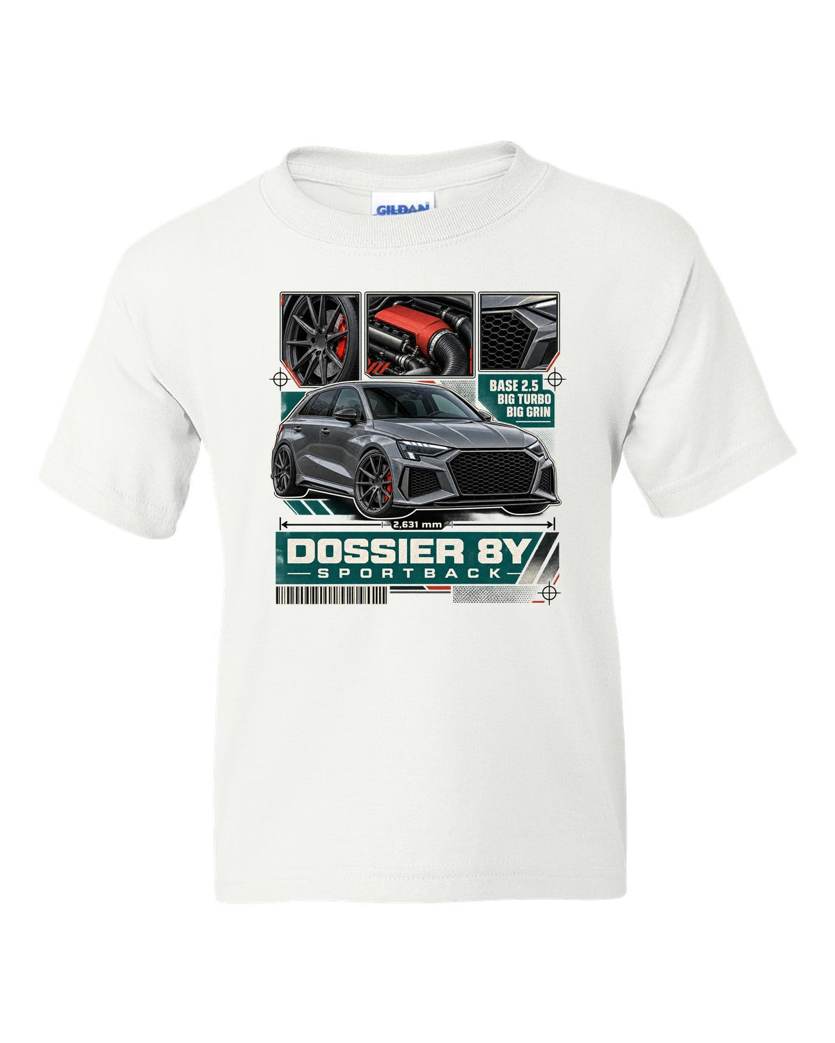 Three-panel dossier of an Audi RS3 8Y Sportback pre-facelift white kids tee front view with the design