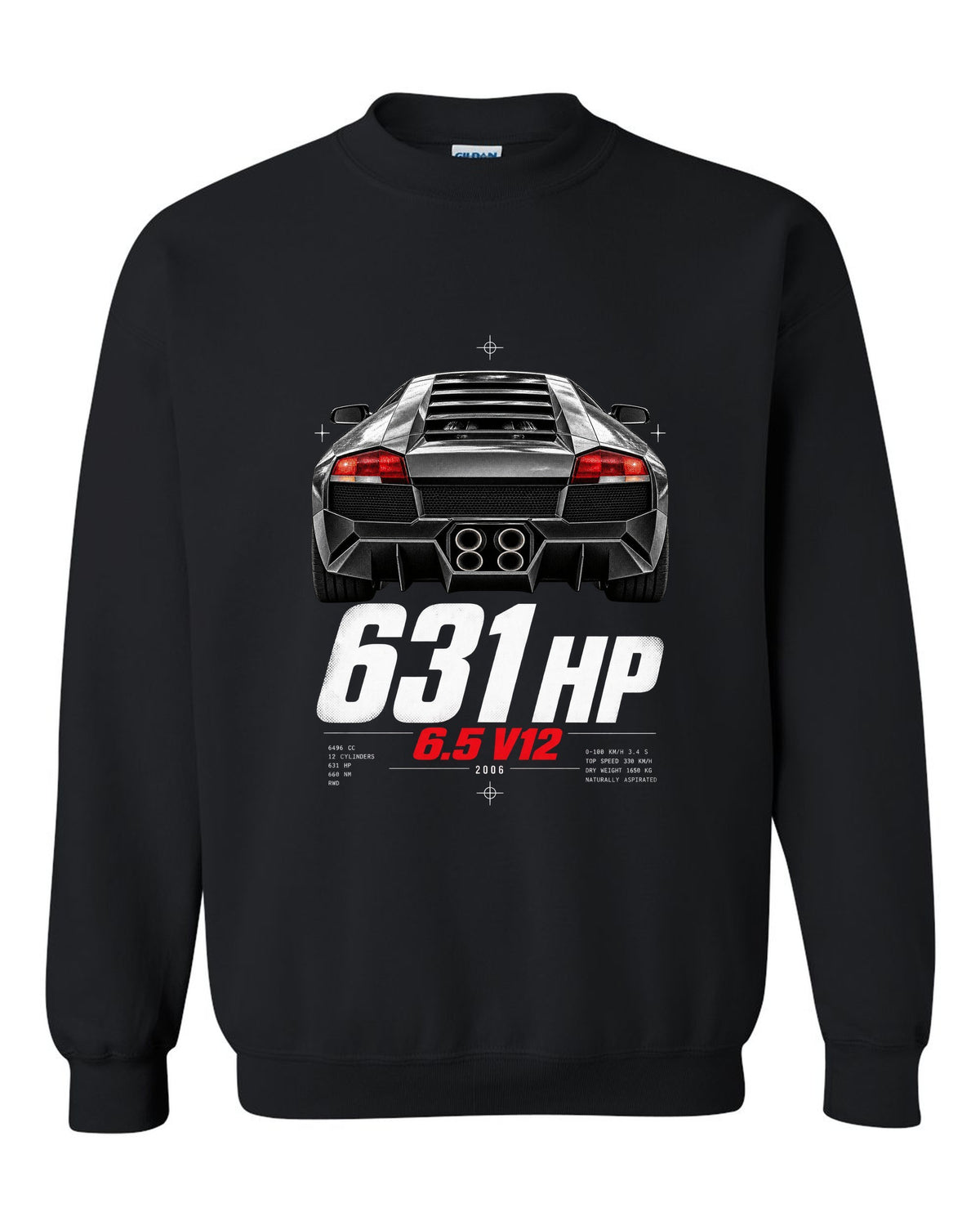 Taillight macro print of a Lamborghini Murcielago LP640 with 631 HP and 6.5 V12 text black crewneck front view with the design