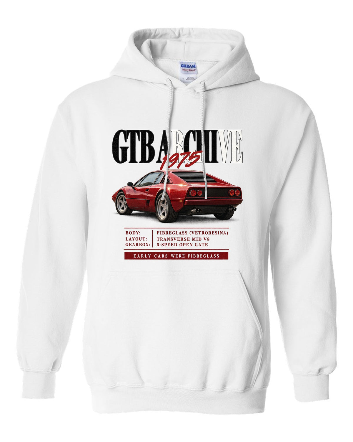 Ferrari 308 GTB 1975 archive panel print, early cars were fibreglass white pull over hoodie front view with the design