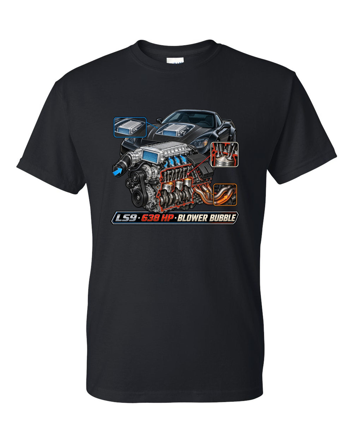 Cutaway engine print of the LS9 supercharger in a 2009 Chevrolet Corvette C6 ZR1 with 638 HP text black t-shirt front view with the design