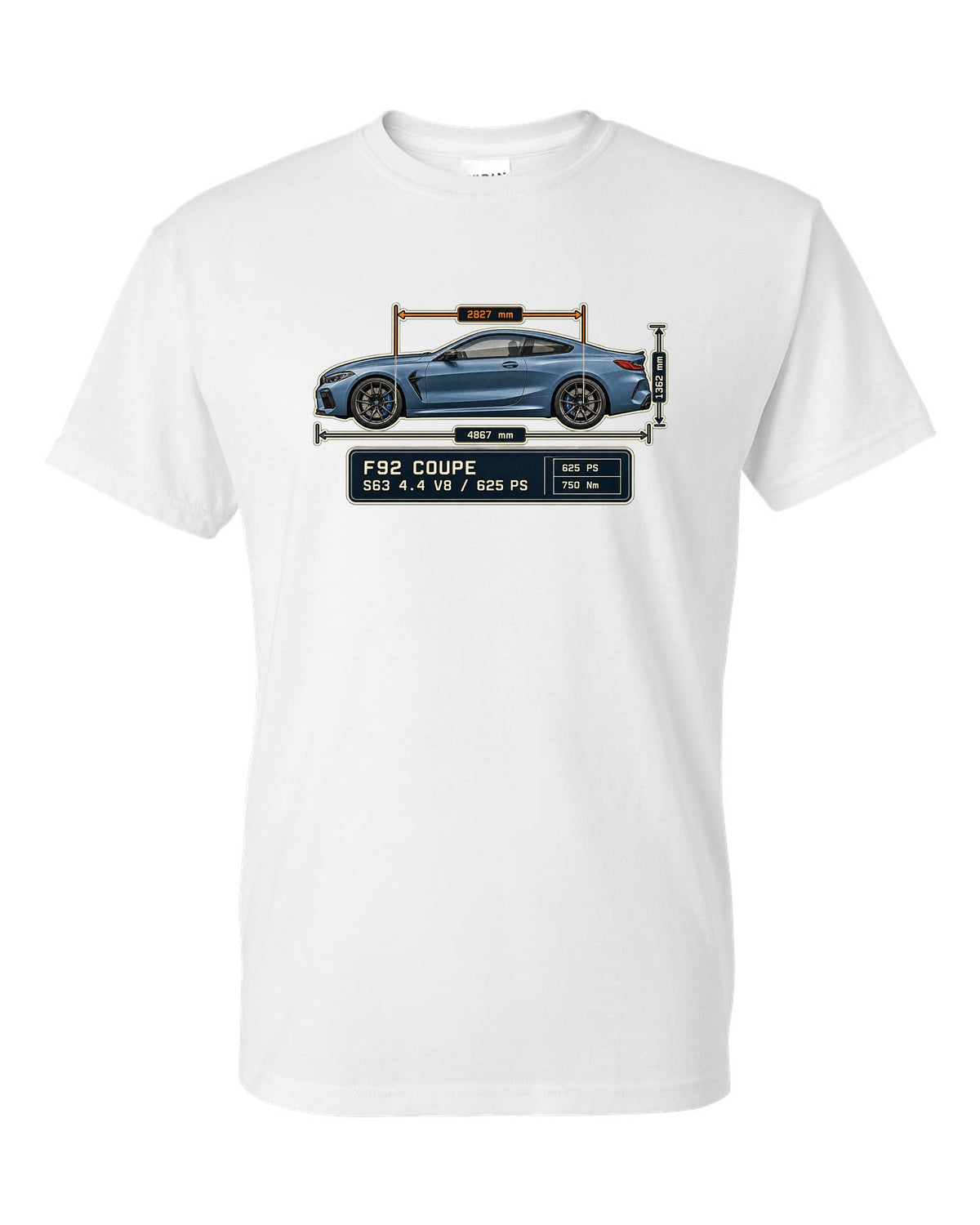 BMW M8 Competition Coupe F92 dimension blueprint print on a tee white t-shirt front view with the design