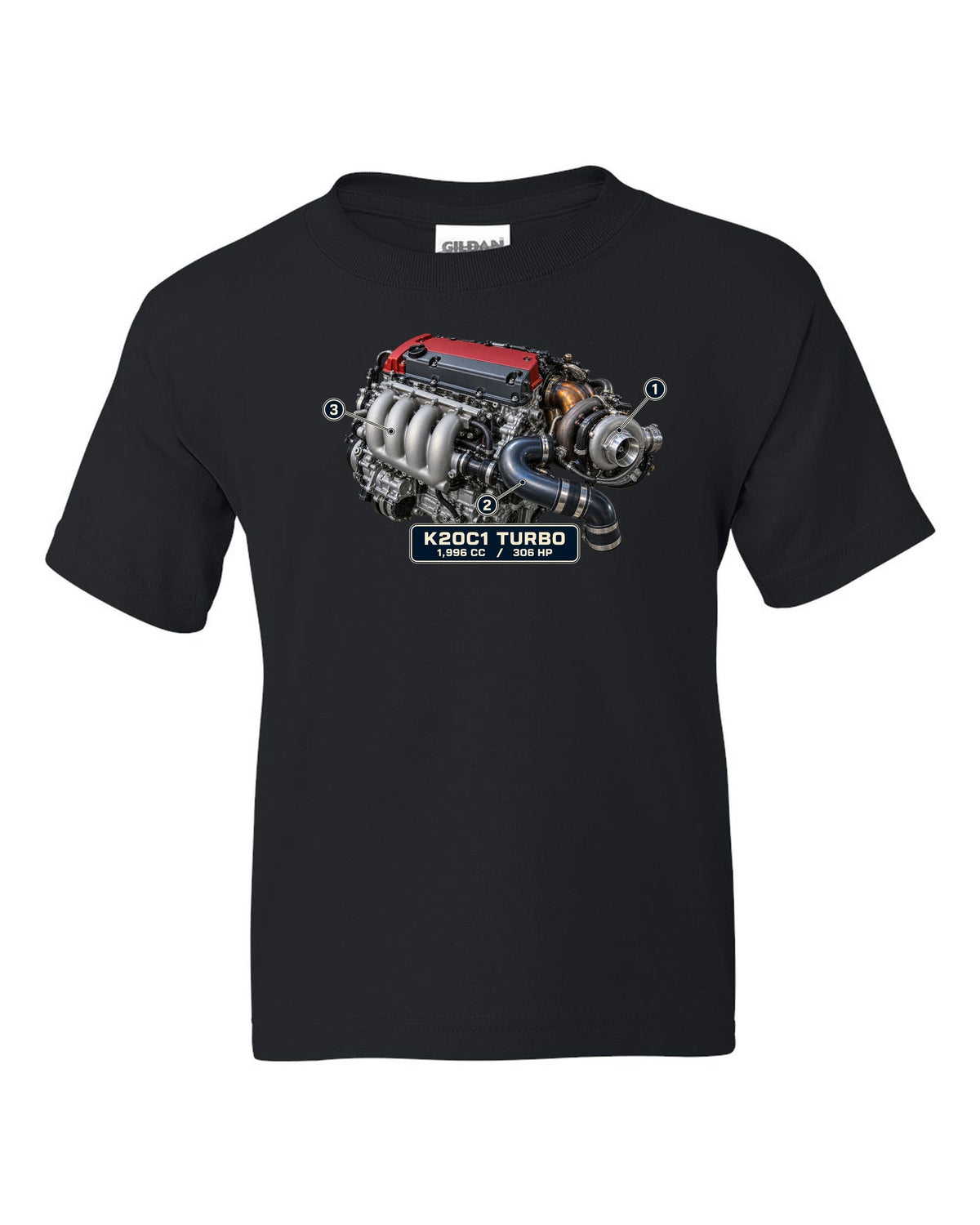 print engine illustration of the Honda Civic Type R FK8 K20C1 turbo engine black kids tee front view with the design
