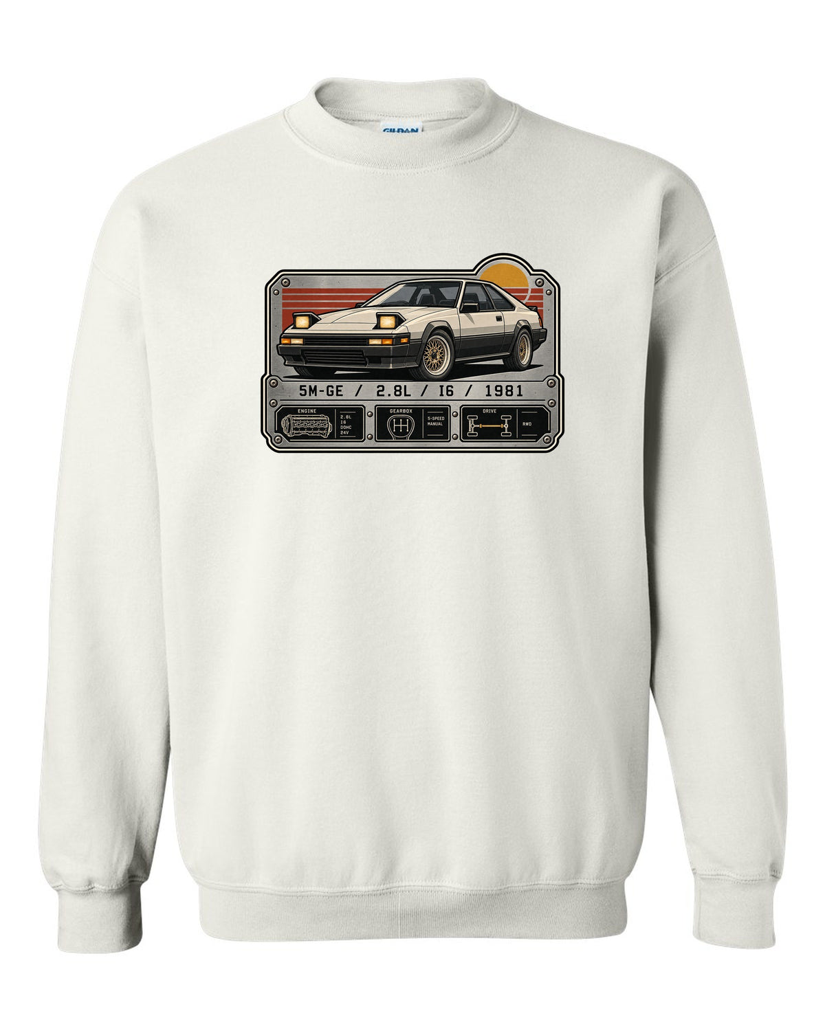 Spec-sheet data plate for the Toyota Supra A60 MA61 5M-GE 2.8L inline six white crewneck front view with the design