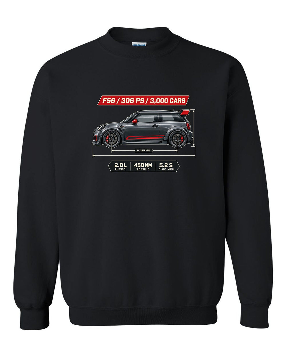 Dimension blueprint print of the Mini JCW GP F56 2020 with 306 PS and 3,000 cars text black crewneck front view with the design