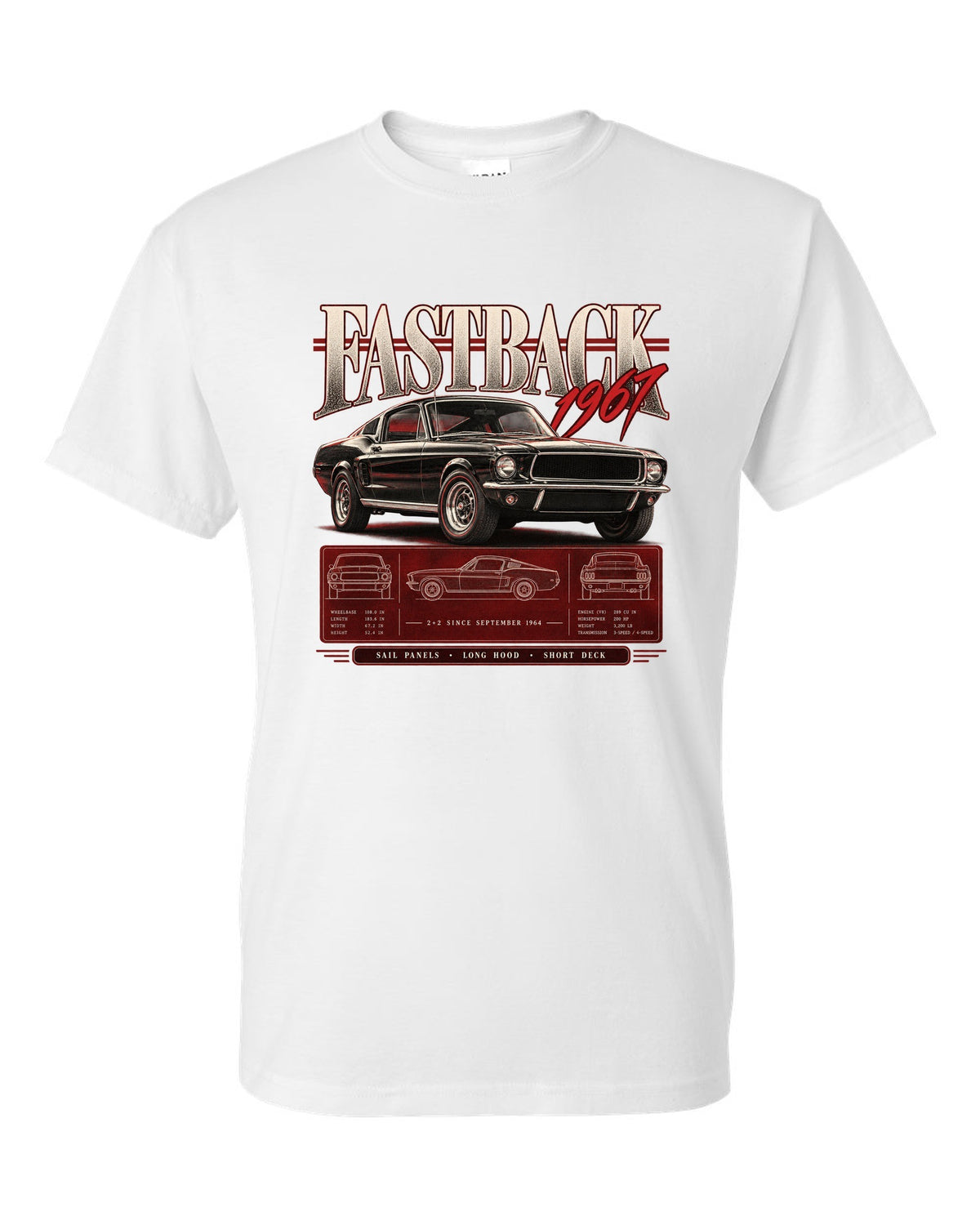 Archive panel illustration of a 1967 Ford Mustang fastback 2+2 with sail panel callouts white t-shirt front view with the design