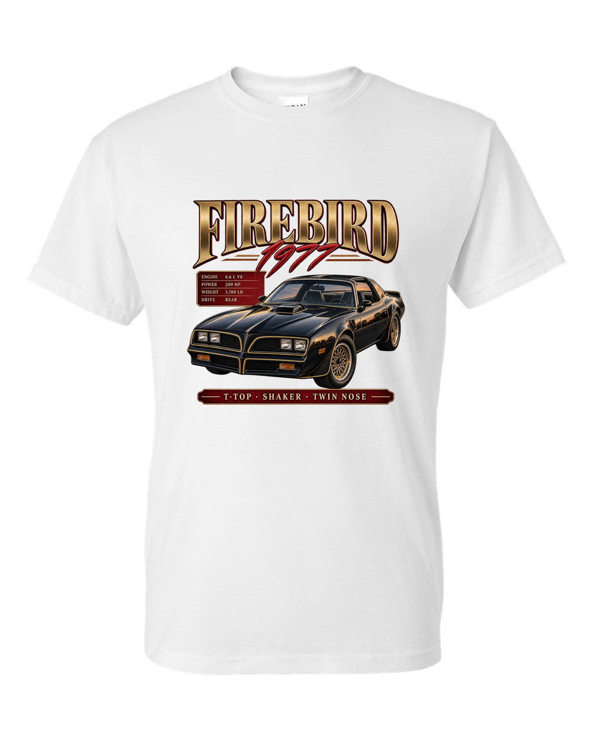 print archive panel of a 1977 Pontiac Firebird T-top with shaker and twin nose lettering white t-shirt front view with the design