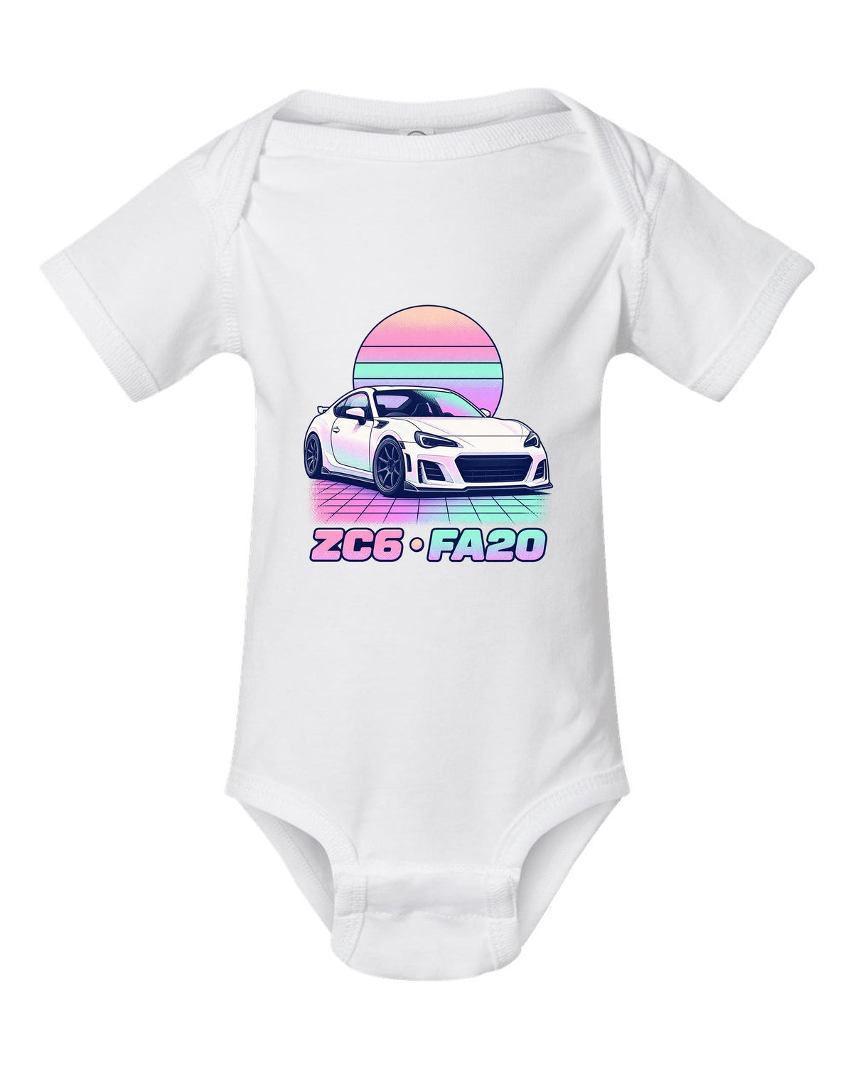 Subaru BRZ ZD8 round varsity crest print, ZD8 / FA24 / 2022 white baby onesie front view with the design