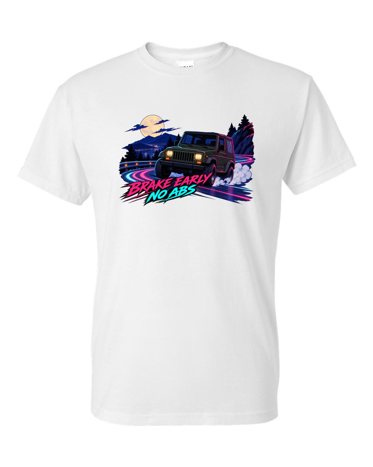 Cel-shaded anime night touge print of a Jeep Wrangler YJ with no ABS text white t-shirt front view with the design