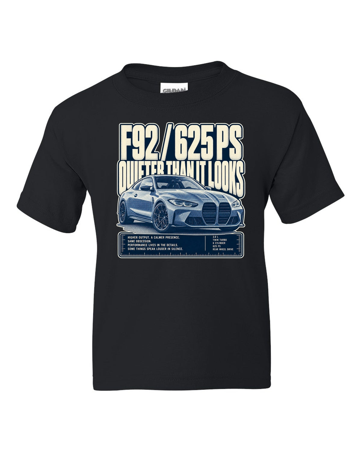 BMW M8 Competition F92 halftone statement print on a tee black kids tee front view with the design