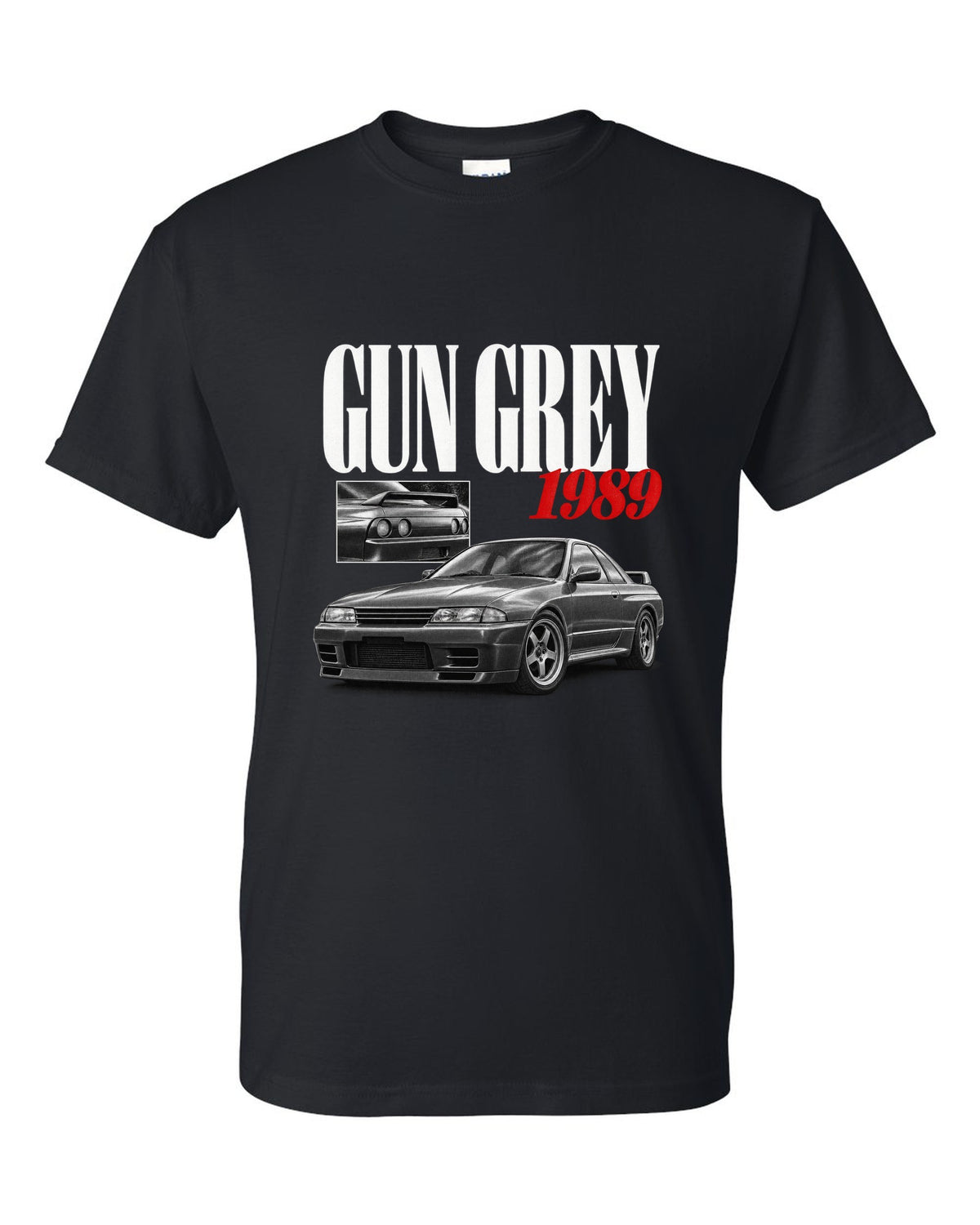 Editorial headline print of a Nissan Skyline GT-R R32 BNR32 in Gun Grey with 1989 text black t-shirt front view with the design