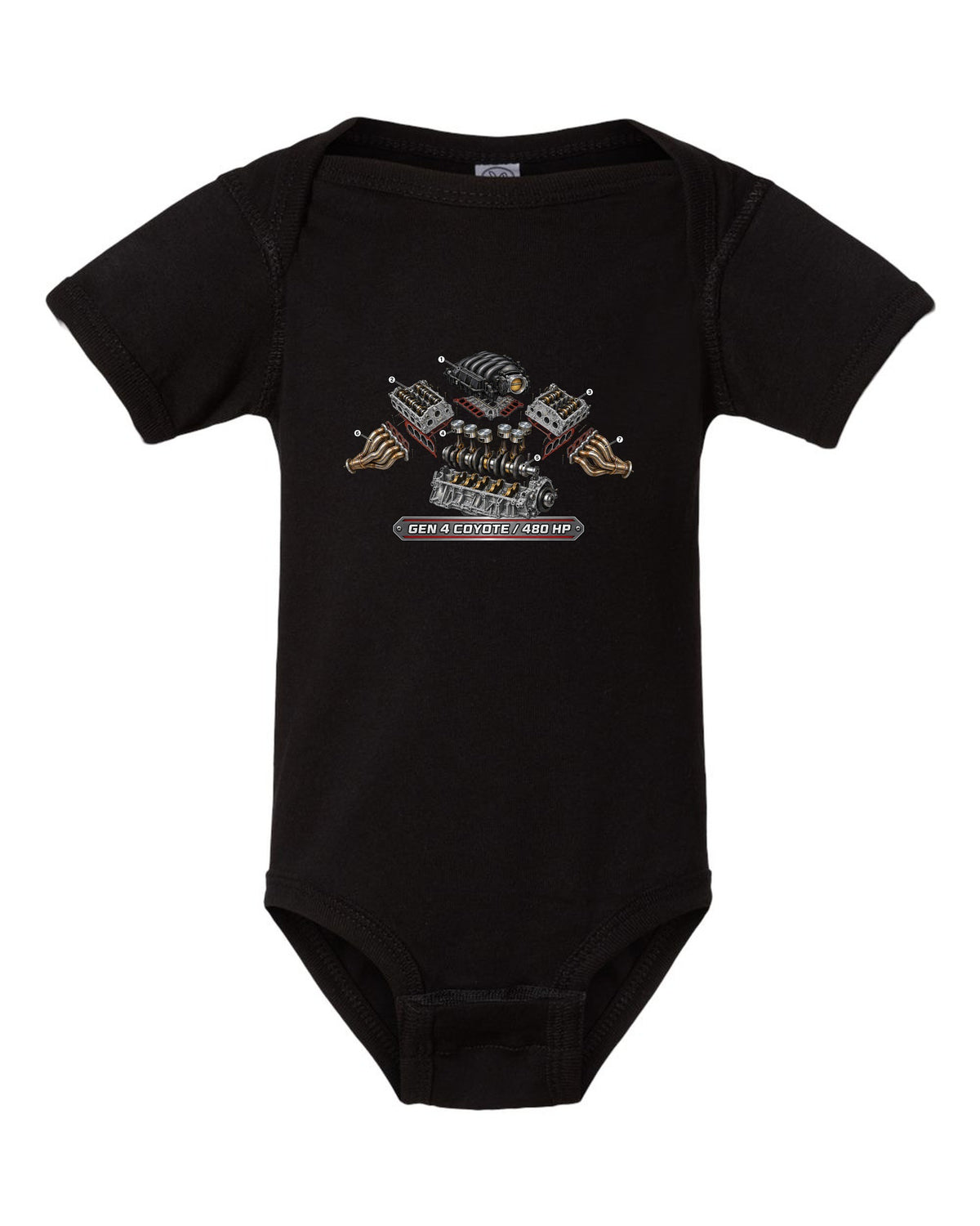 Isometric exploded cutaway engine print of a 2024 S650 Mustang 5.0 Gen 4 Coyote V8 black baby onesie front view with the design