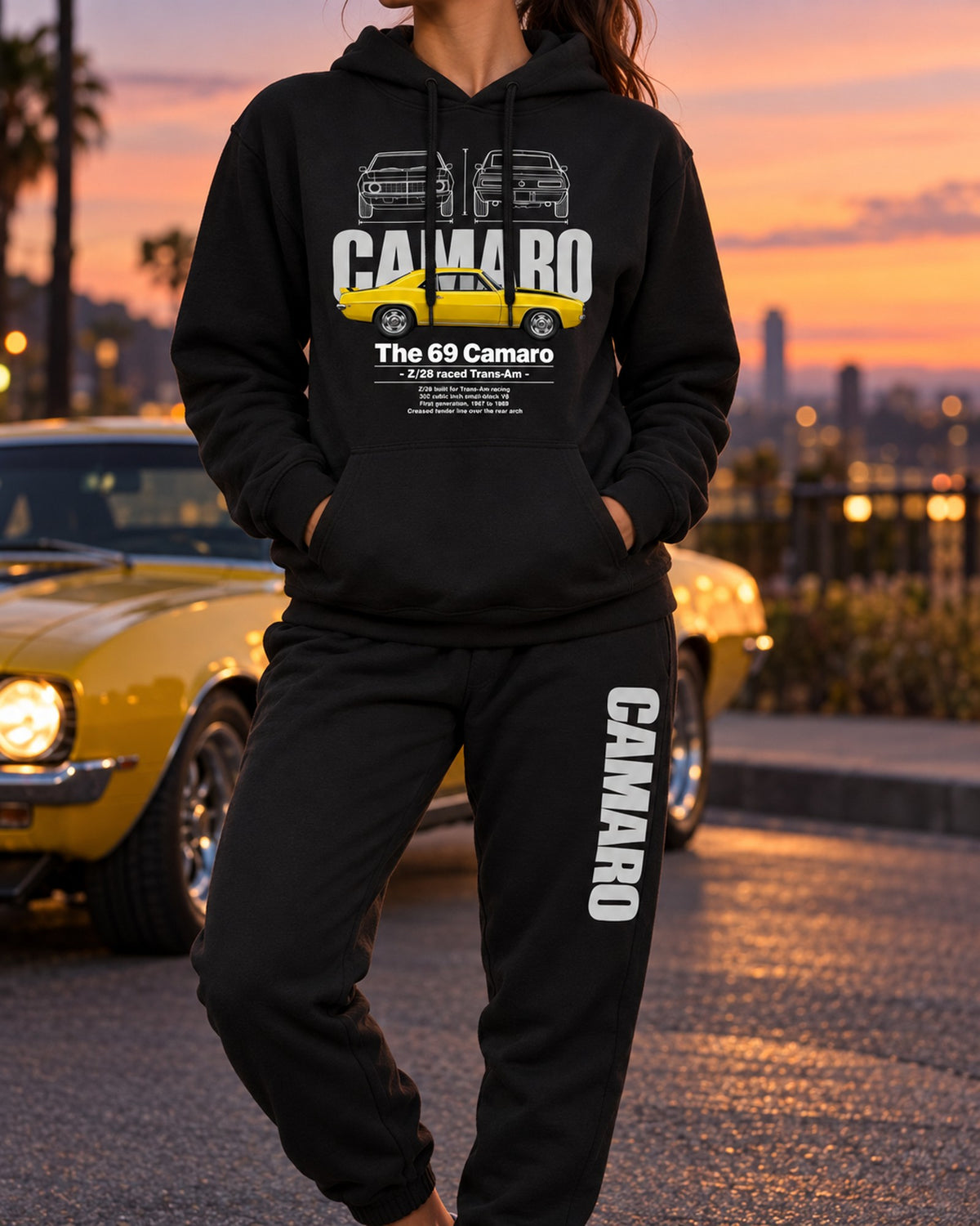 Camaro 1969 Hoodie + Jogger Set Black worn hero