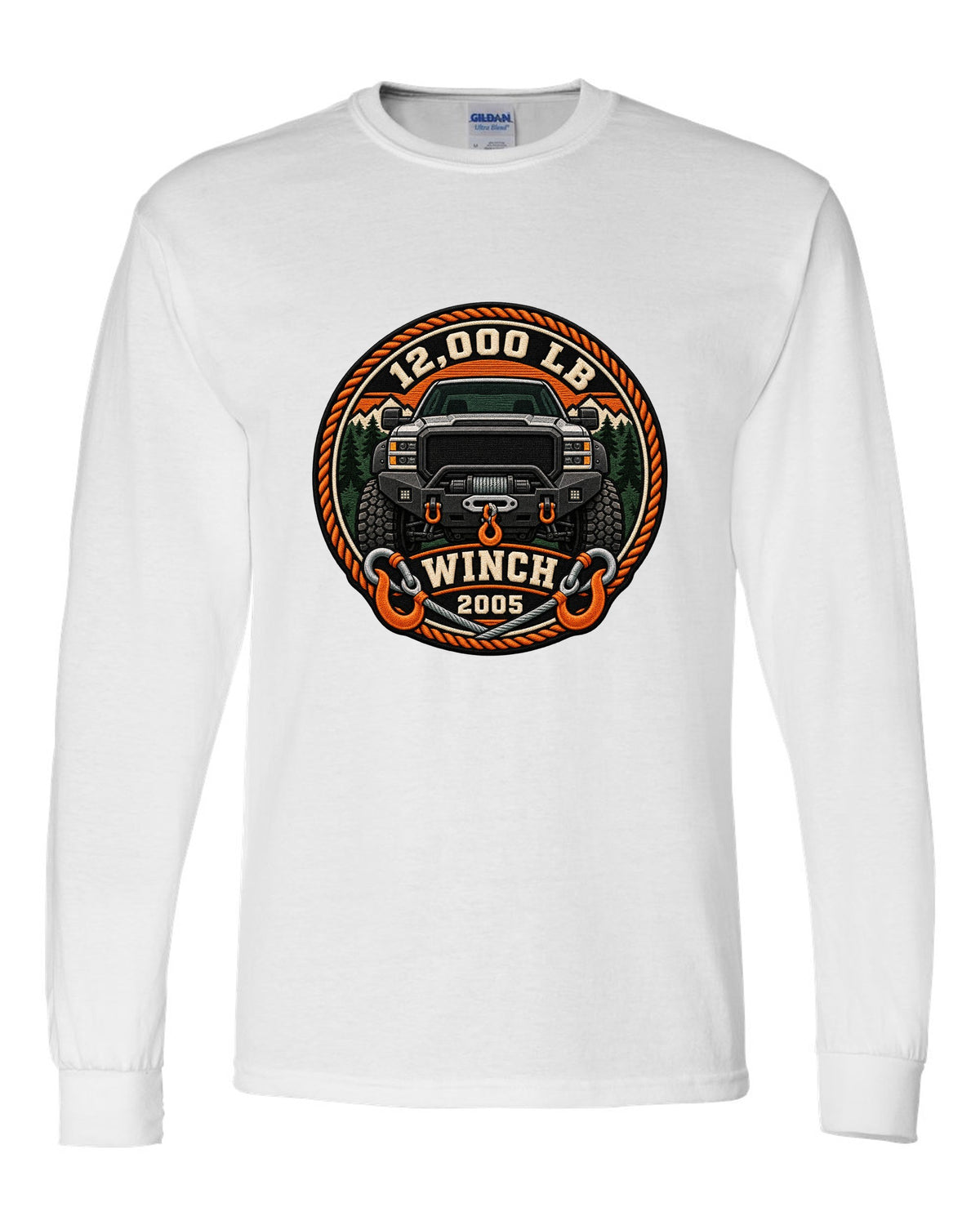 Varsity crest print of a Ram Power Wagon 2500 winch bumper with 12,000 LB winch 2005 text white long sleeve front view with the design