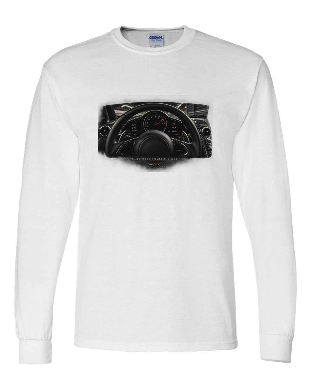 Cockpit gauge print of a 2011 McLaren 12C MP4-12C with folding dash text white long sleeve front view with the design