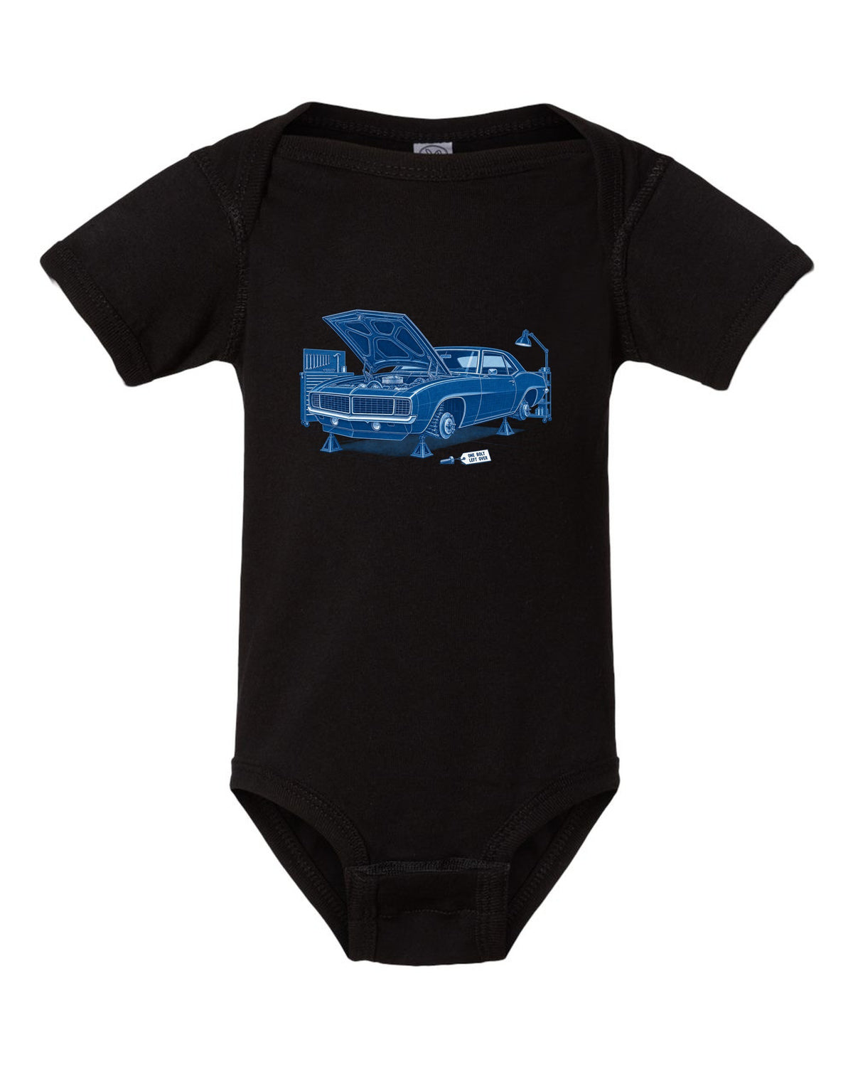 1969 Camaro first-generation in cyanotype negative blueprint style with the text One Bolt Left Over black baby onesie front view with the design