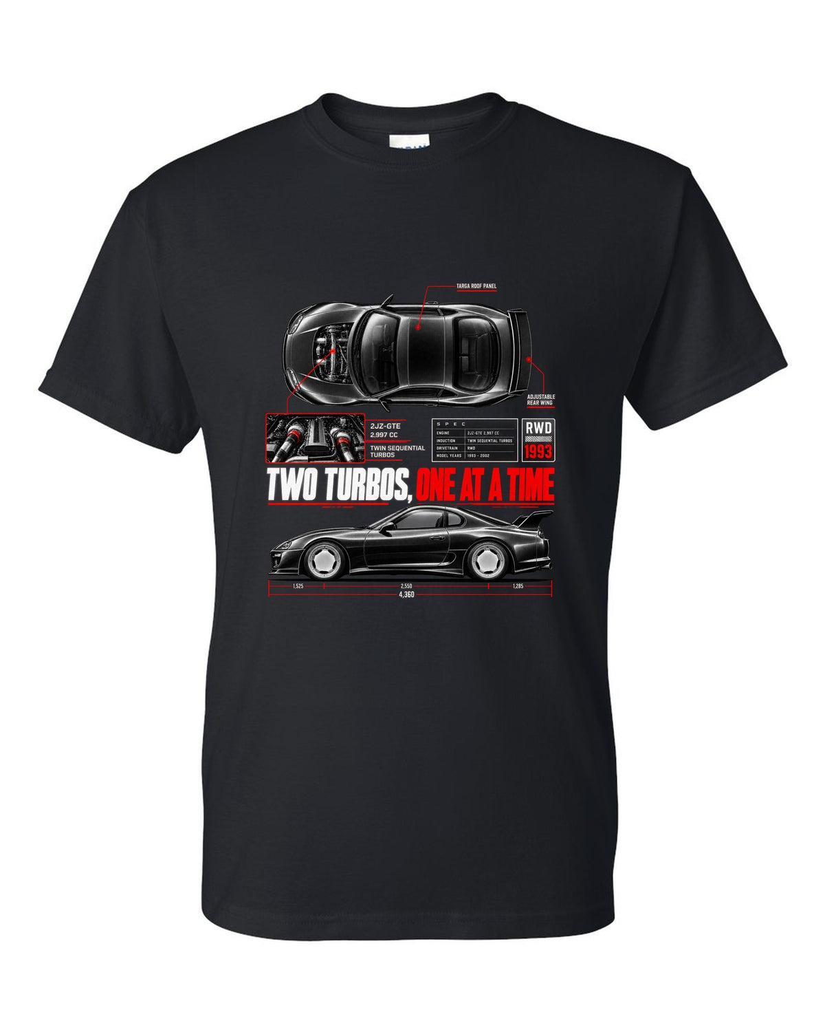 Spec poster print of a Toyota Supra A80 JZA80 with 2JZ-GTE lettering black t-shirt front view with the design