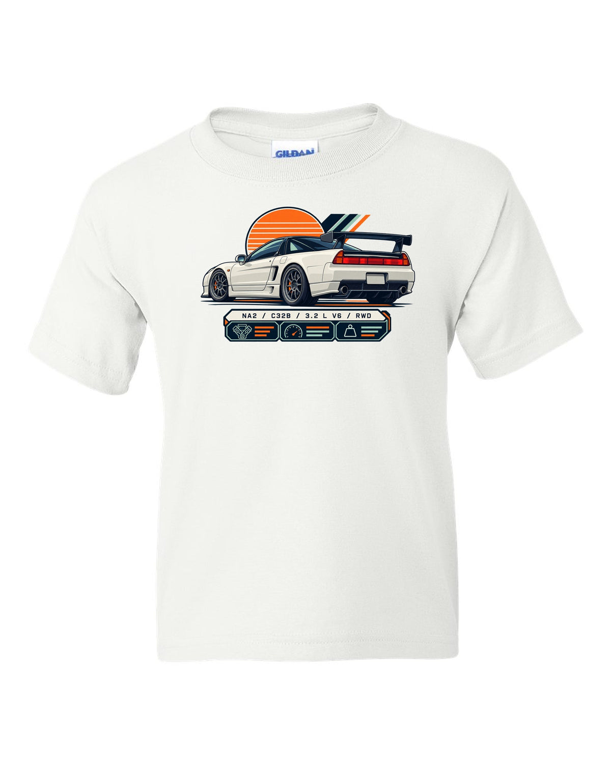 Spec-sheet data plate print of the Honda NSX-R NA2 with NA2 C32B 3.2 L V6 RWD text white kids tee front view with the design