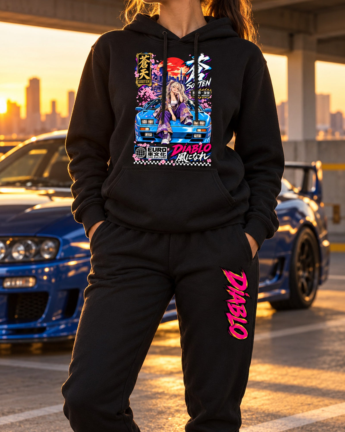 Diablo Souten Anime Girl Poster Hoodie + Jogger Set Black worn hero