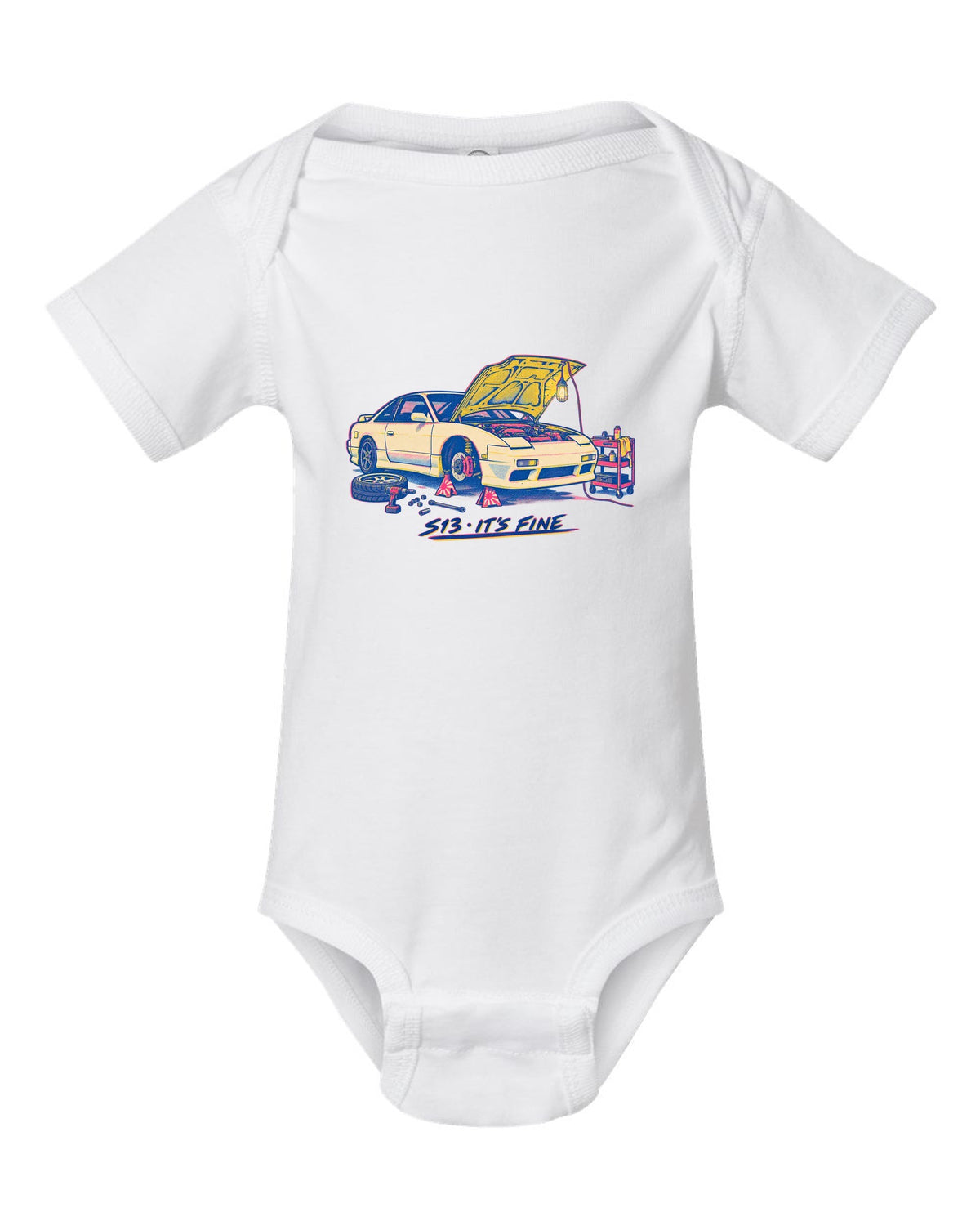 Risograph workshop print of a Nissan S13 with S13 it's fine lettering white baby onesie front view with the design