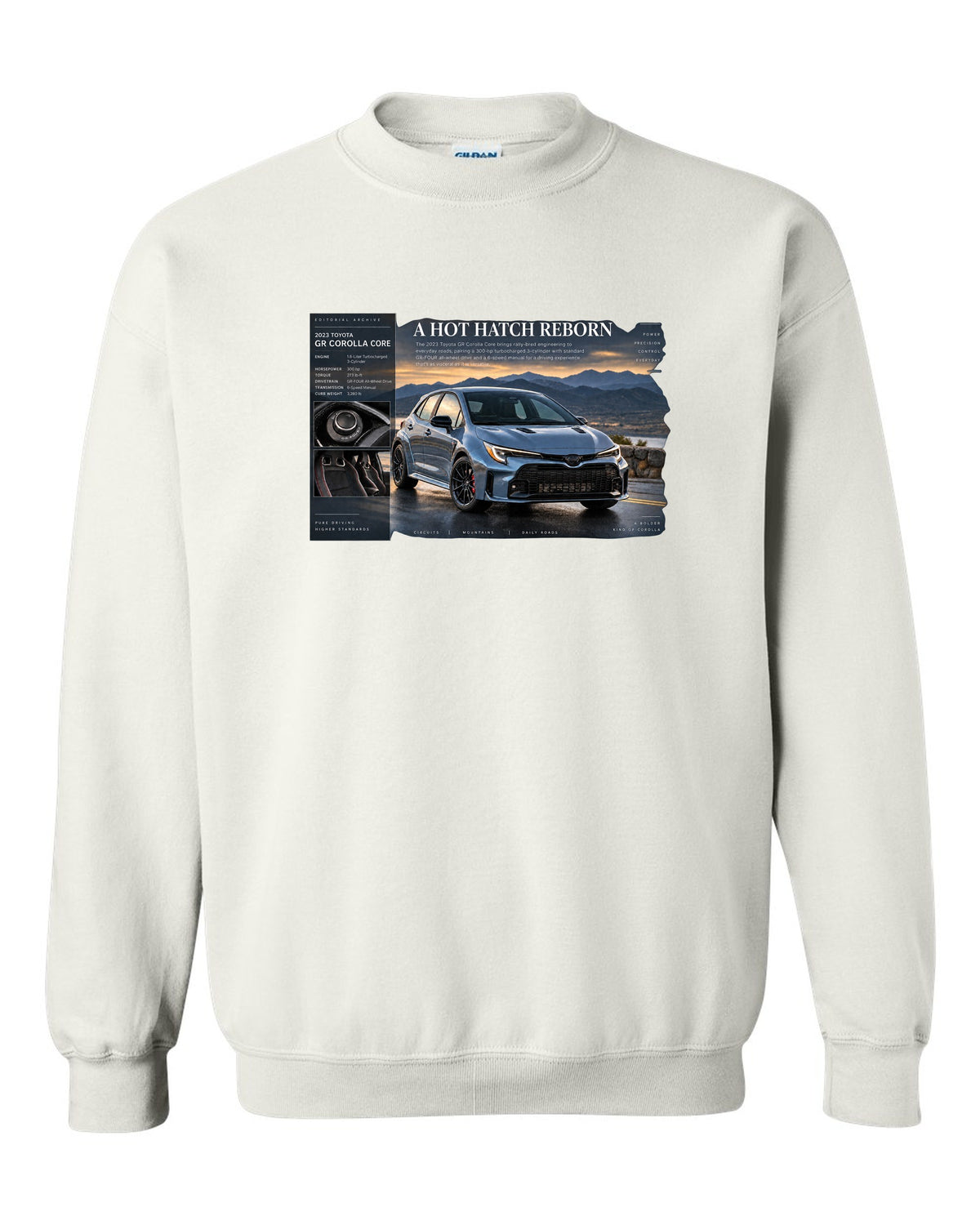 Toyota GR Corolla Core 2023 front three-quarter archive panel white crewneck front view with the design
