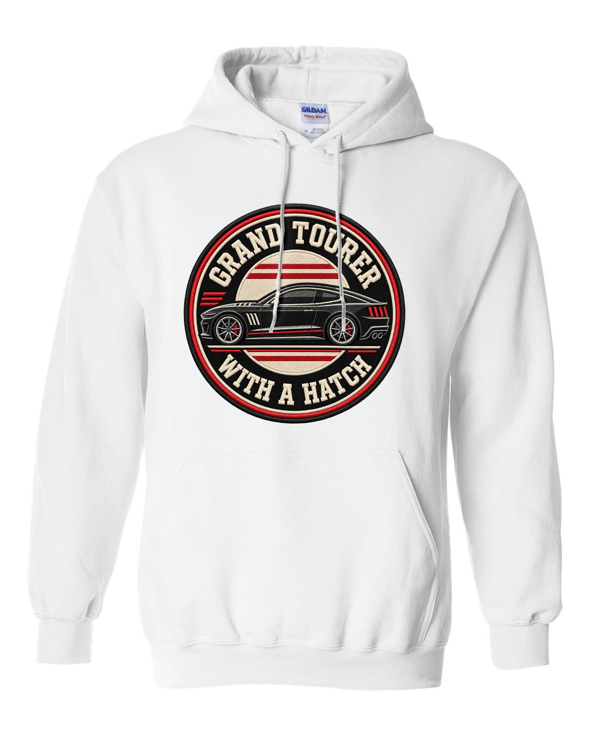 Embroidery varsity crest print for a Kia Stinger GT CK with grand tourer with a ch text white pull over hoodie front view with the design