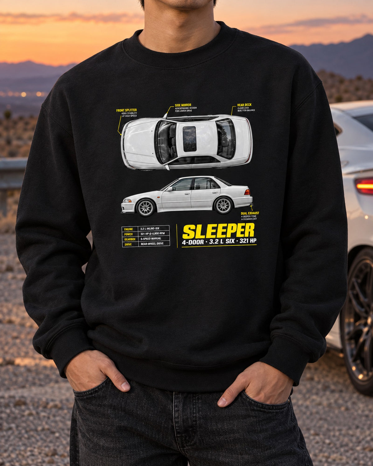 BMW E36 M3 Sedan Four-Door Sleeper Spec Poster Shirt Crewneck Black worn hero
