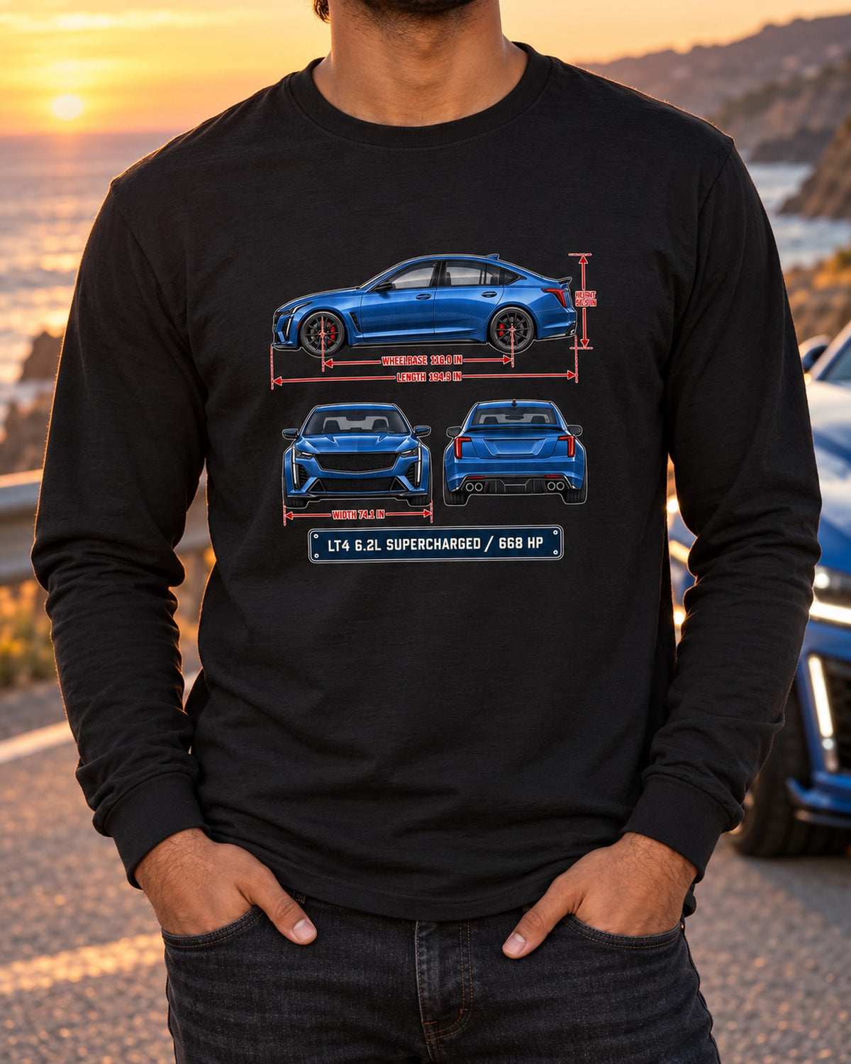Cadillac CT5-V Blackwing Dimension Blueprint Shirt, 2022-25 Long Sleeve Black worn hero