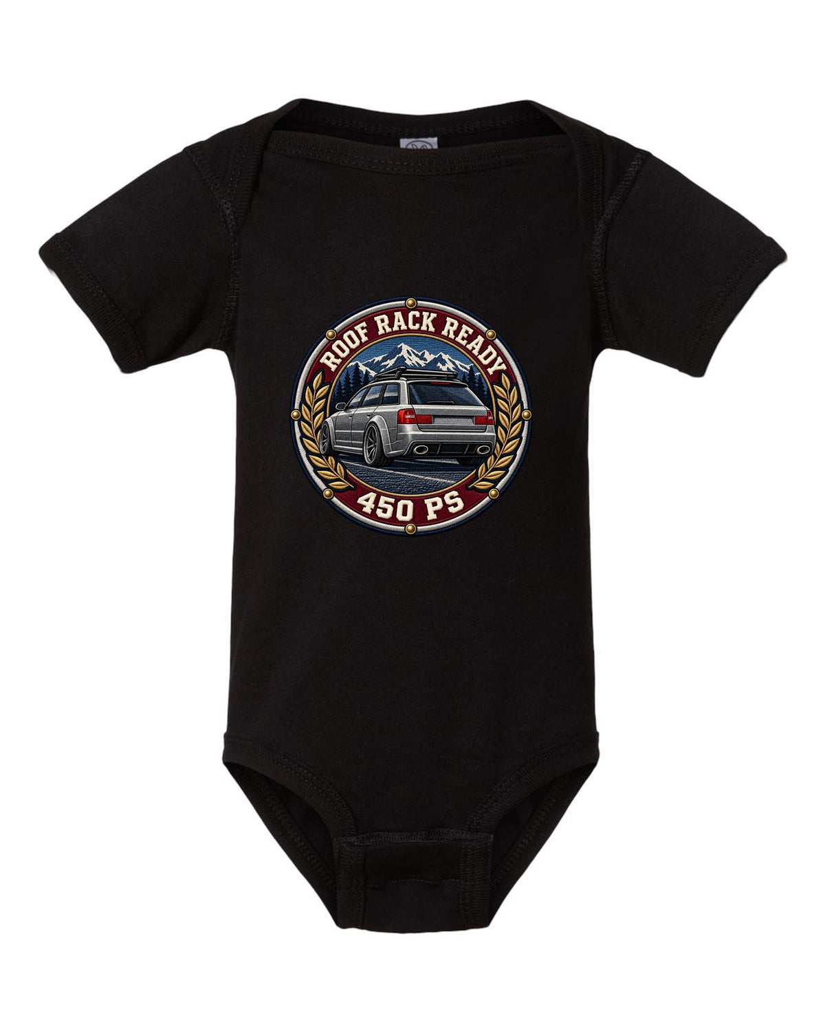Varsity crest style print of a flared Audi RS6 Avant C5 with Roof Rack Ready text black baby onesie front view with the design