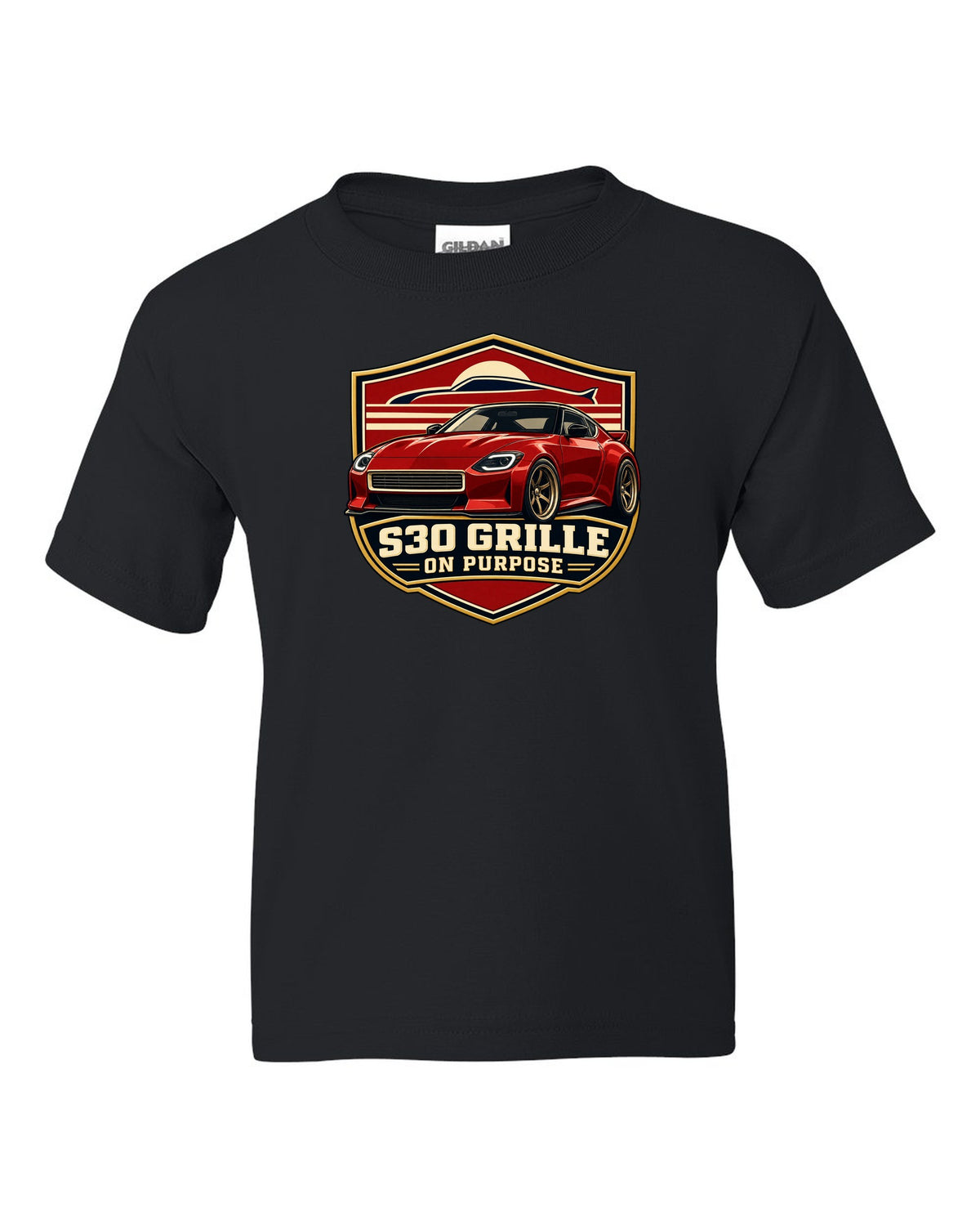 Shield crest print for the Nissan Z RZ34 referencing the S30 grille black kids tee front view with the design