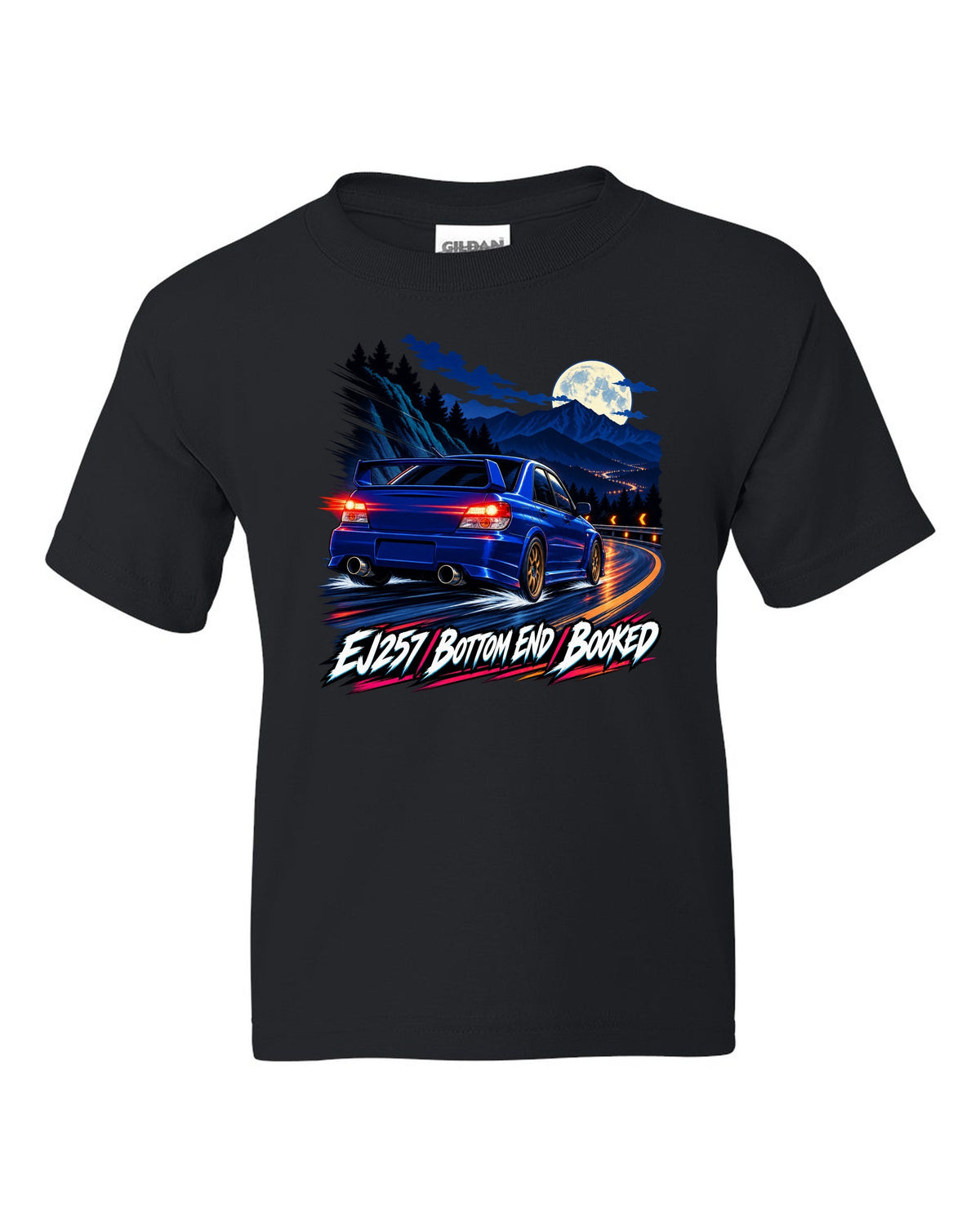 Racing-stripe livery print of a Subaru Impreza WRX GDB Blobeye black kids tee front view with the design