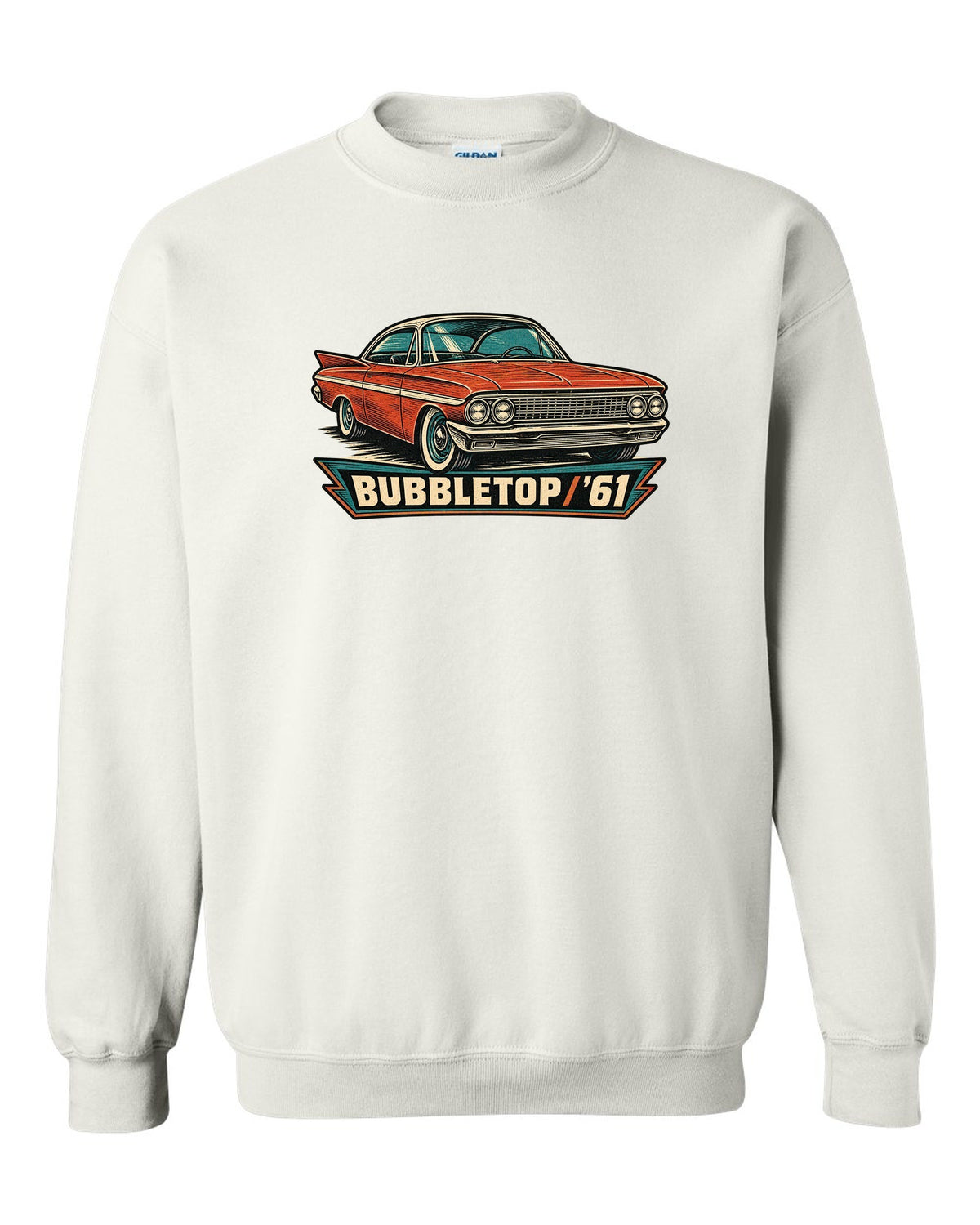 1961 Chevrolet Impala Sport Coupe bubbletop in linocut style with text Bubbletop '61 white crewneck front view with the design