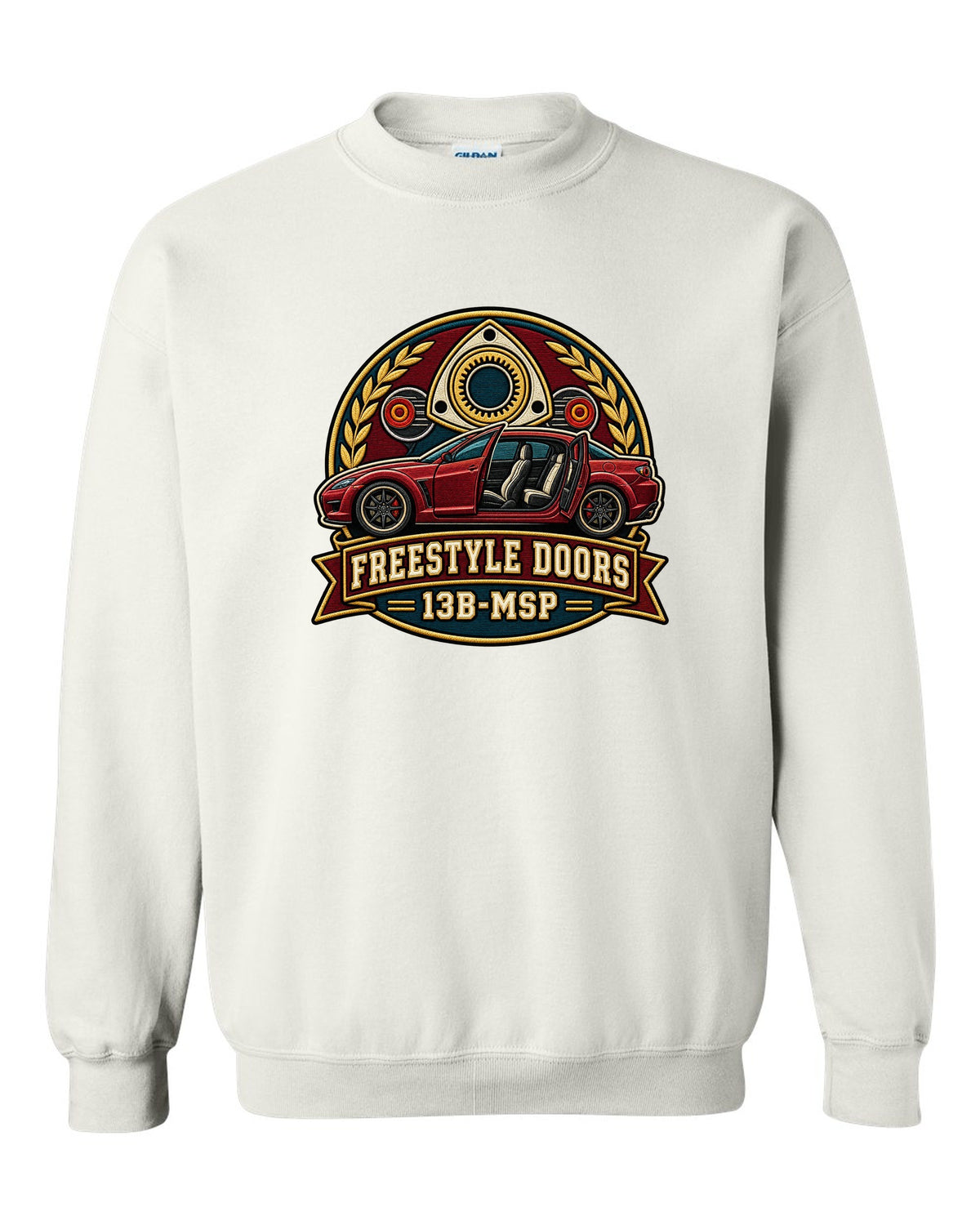 Varsity-style crest of a Mazda RX-8 SE3P with freestyle doors and 13B-MSP text white crewneck front view with the design