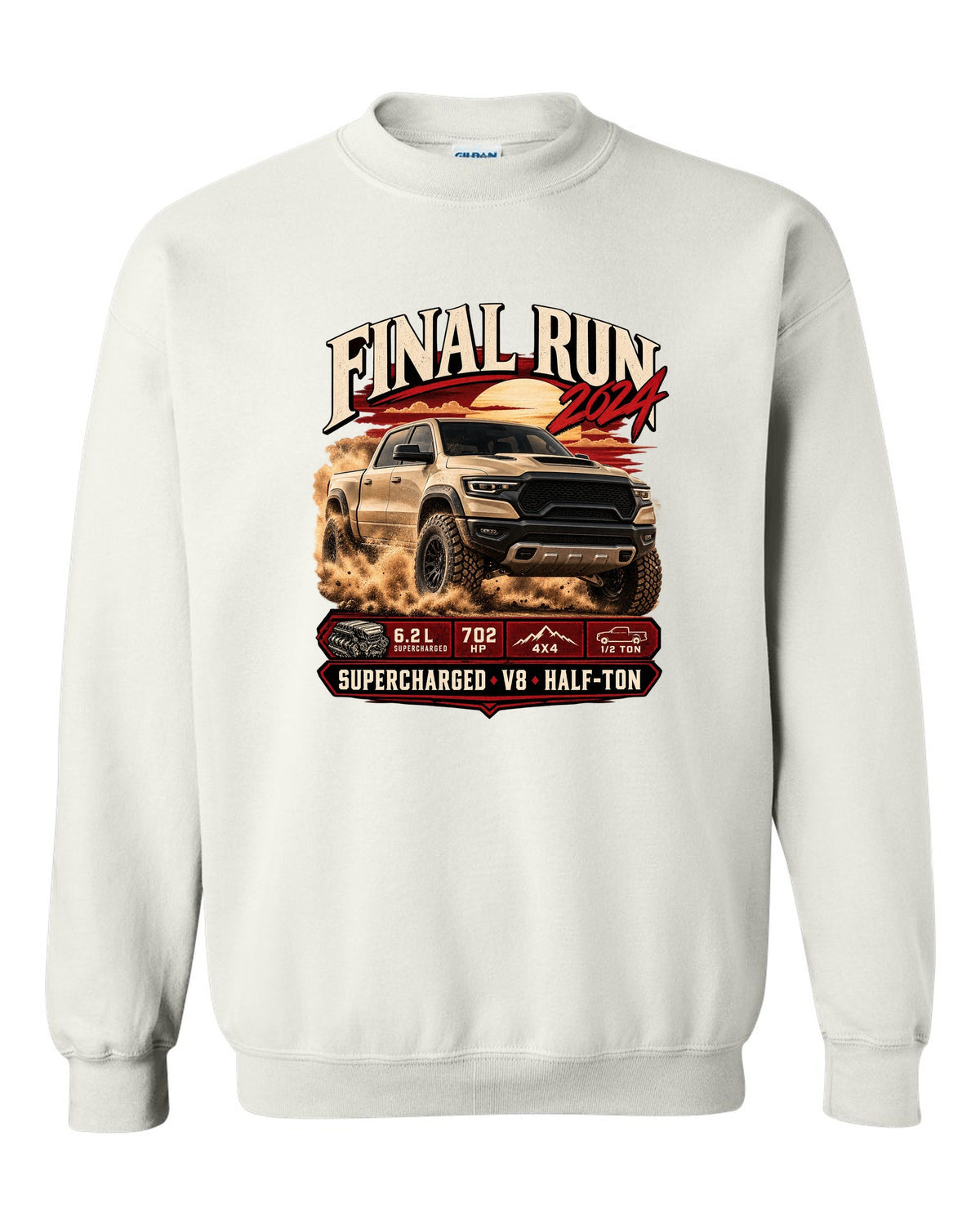 Archive panel print of a 2024 Ram 1500 TRX Final Edition with final run and supercharged V8 text white crewneck front view with the design