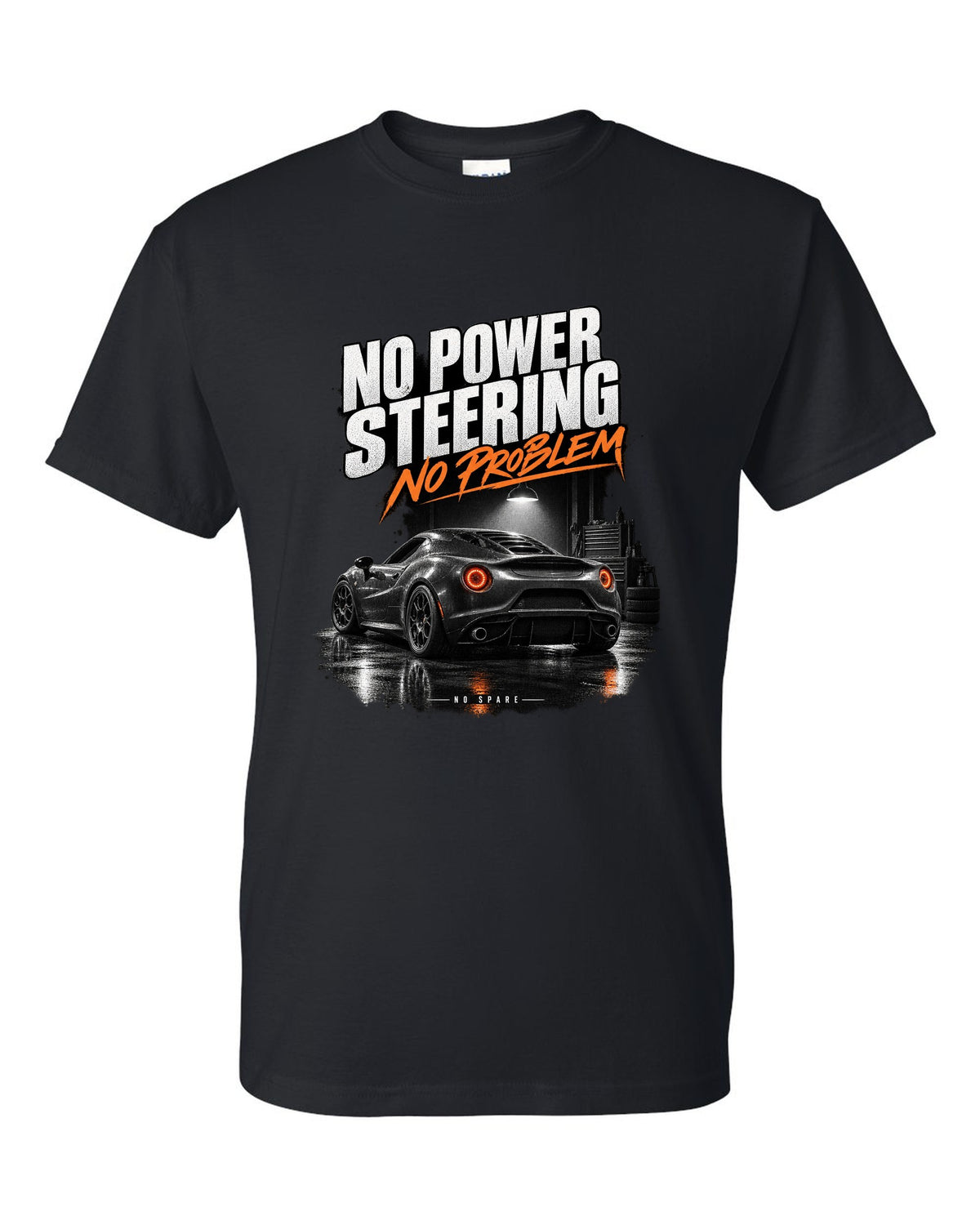 Garage night print of an Alfa Romeo 4C with no power steering no spare text black t-shirt front view with the design