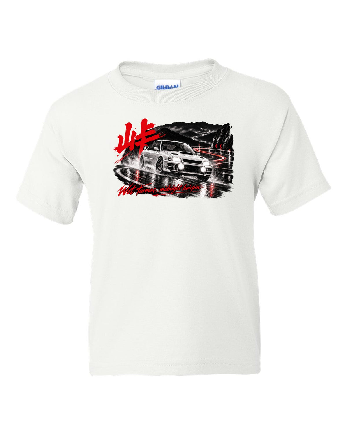 Subaru Impreza WRX GC8 coupe on a wet mountain hairpin at night with touge kanji white kids tee front view with the design