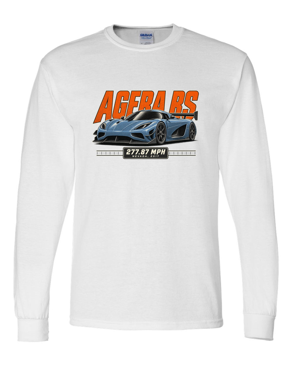 Halftone print of the Koenigsegg Agera RS with the text 277.87 mph, Nevada, 2017 white long sleeve front view with the design