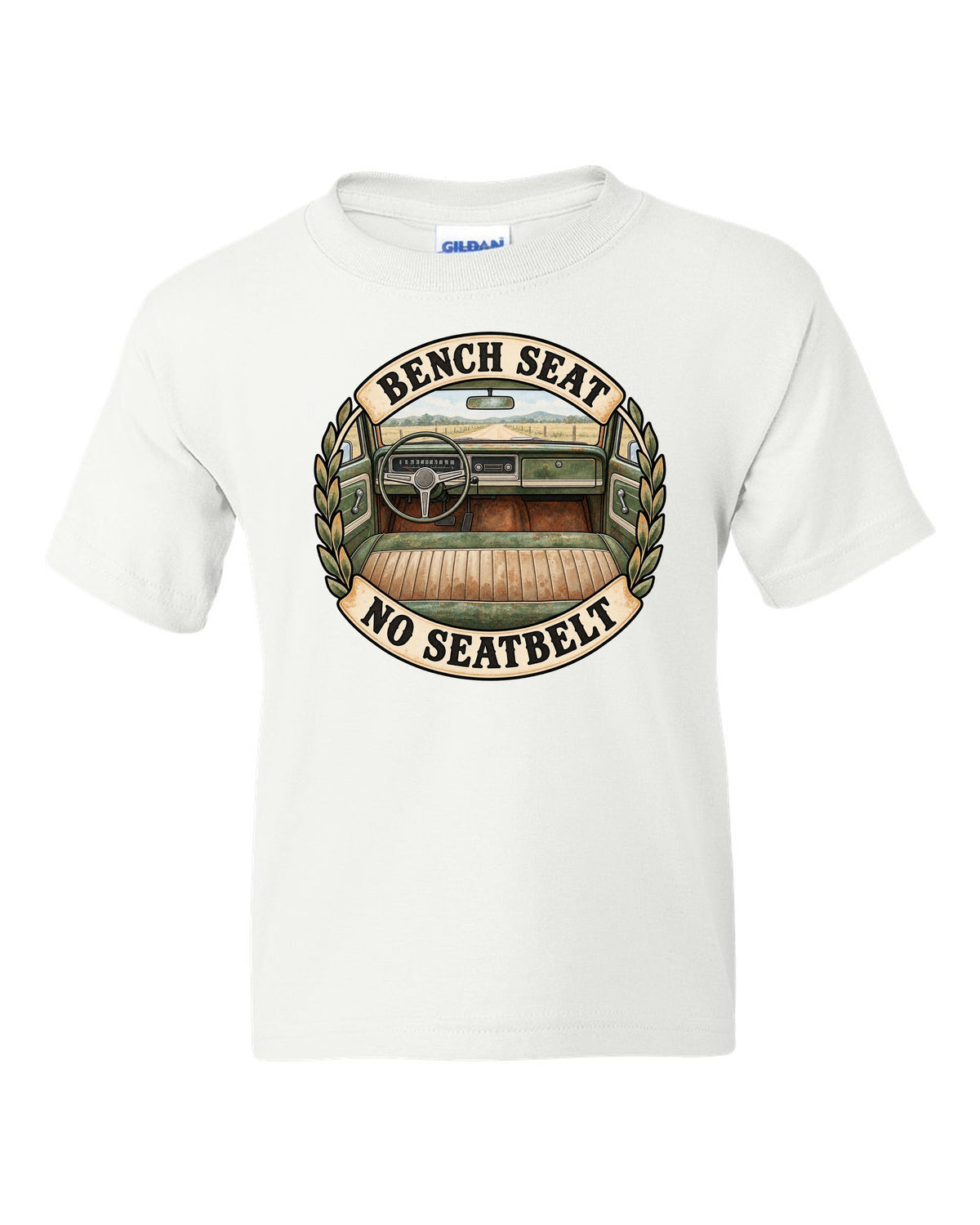 Watercolor print of the dash and bench seat in a 1967-72 Chevrolet C10 Action Line Fleetside Cheyenne white kids tee front view with the design