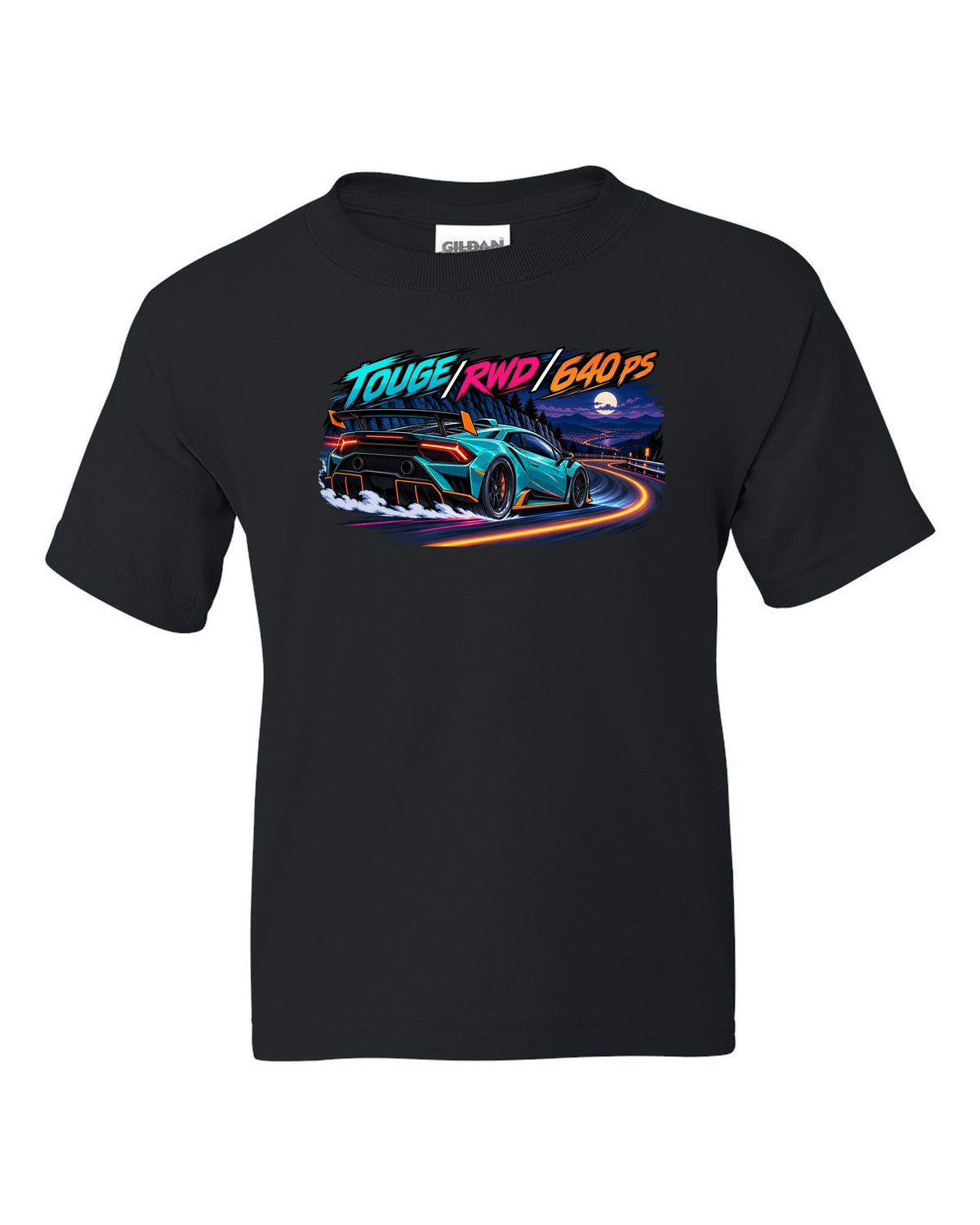 Cel-shaded anime night touge scene with a Lamborghini Huracan STO LP640-2 and text TOUGE / RWD / 640 PS black kids tee front view with the design