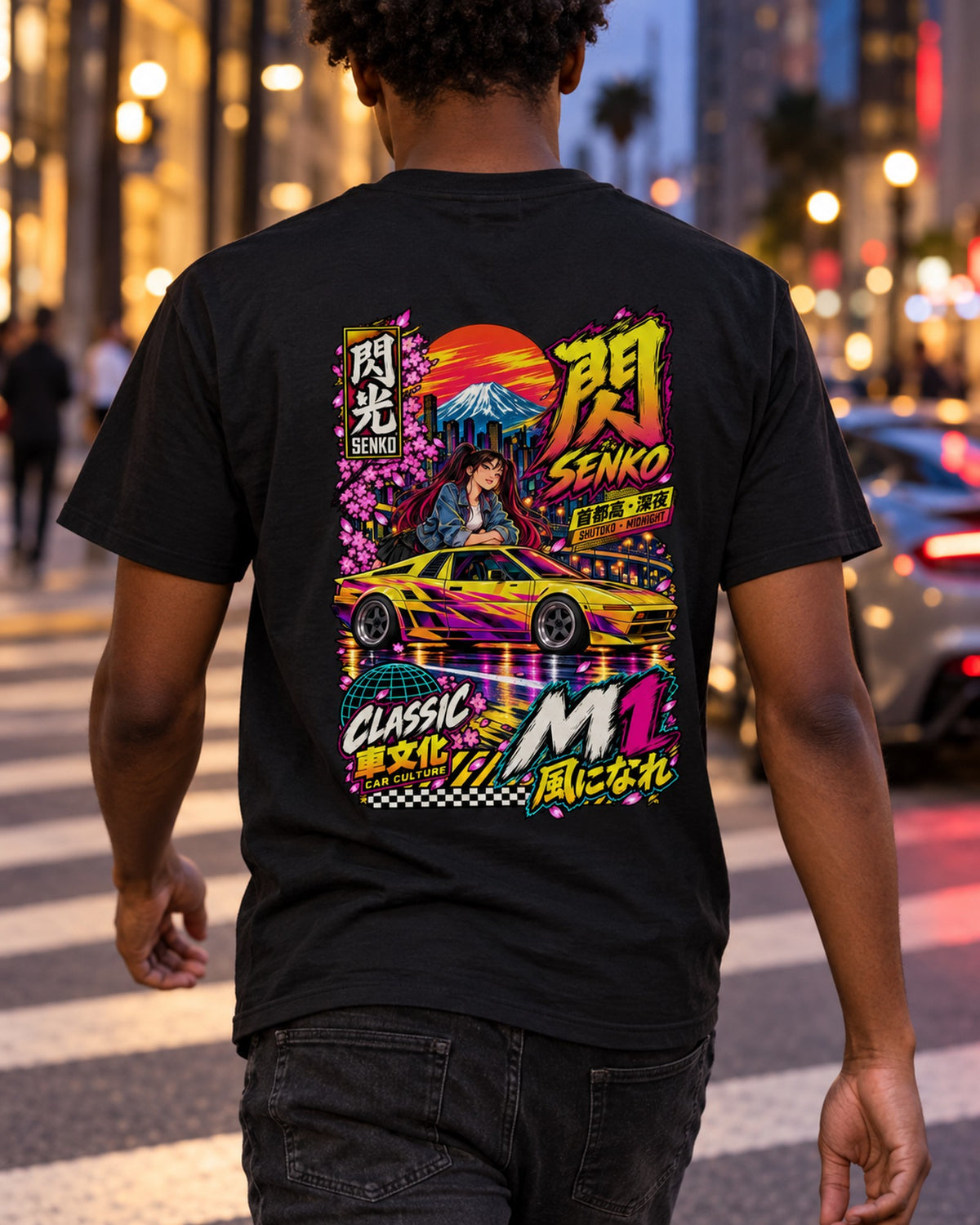 SENKO M1 Anime Girl Full-Back Graphic Tee T-Shirt Black worn hero