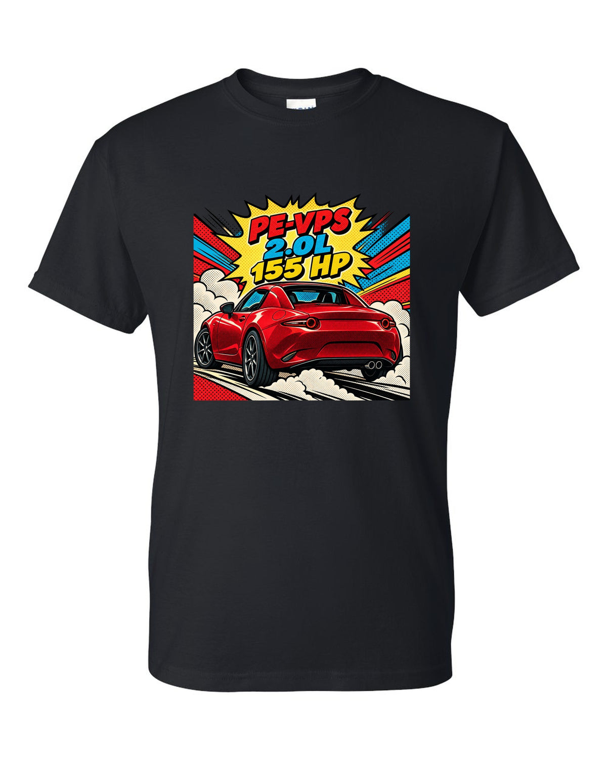 Comic halftone pop art Mazda MX-5 ND RF with PE-VPS 2.0L 155 HP spec line black t-shirt front view with the design