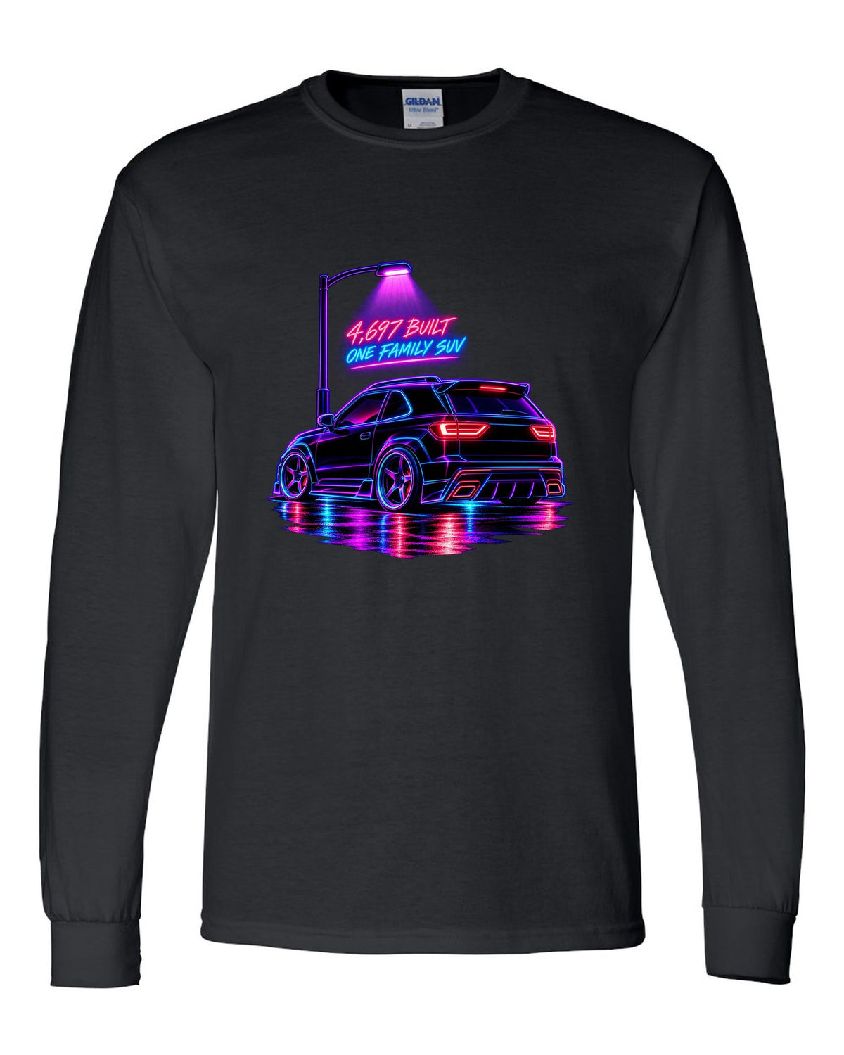 Neon synthwave line art print of a 1992-93 GMC Typhoon taillight with 4,697 built lettering black long sleeve front view with the design