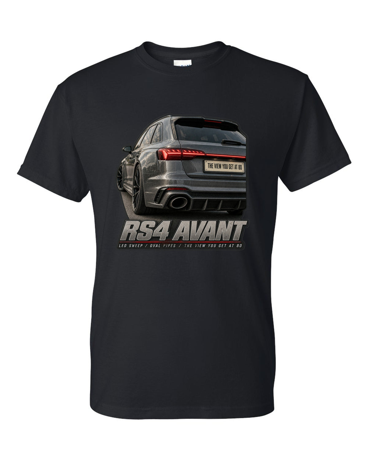 Audi RS4 Avant B9 rear taillight macro with LED sweep and oval pipes print black t-shirt front view with the design