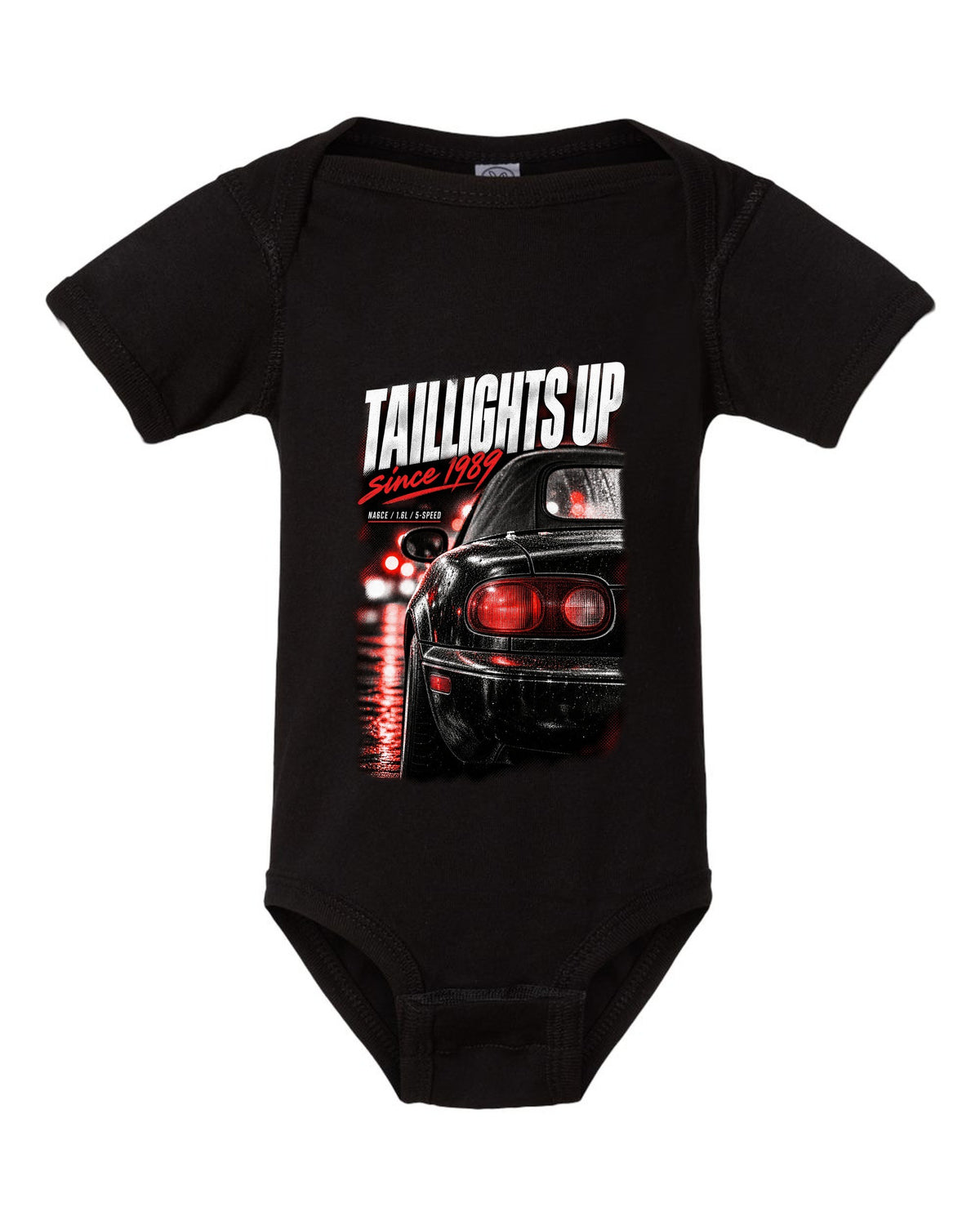 Taillight macro print for the Mazda MX-5 NA 1989-97 with NA6CE, 1.6L and 5-speed lettering black baby onesie front view with the design
