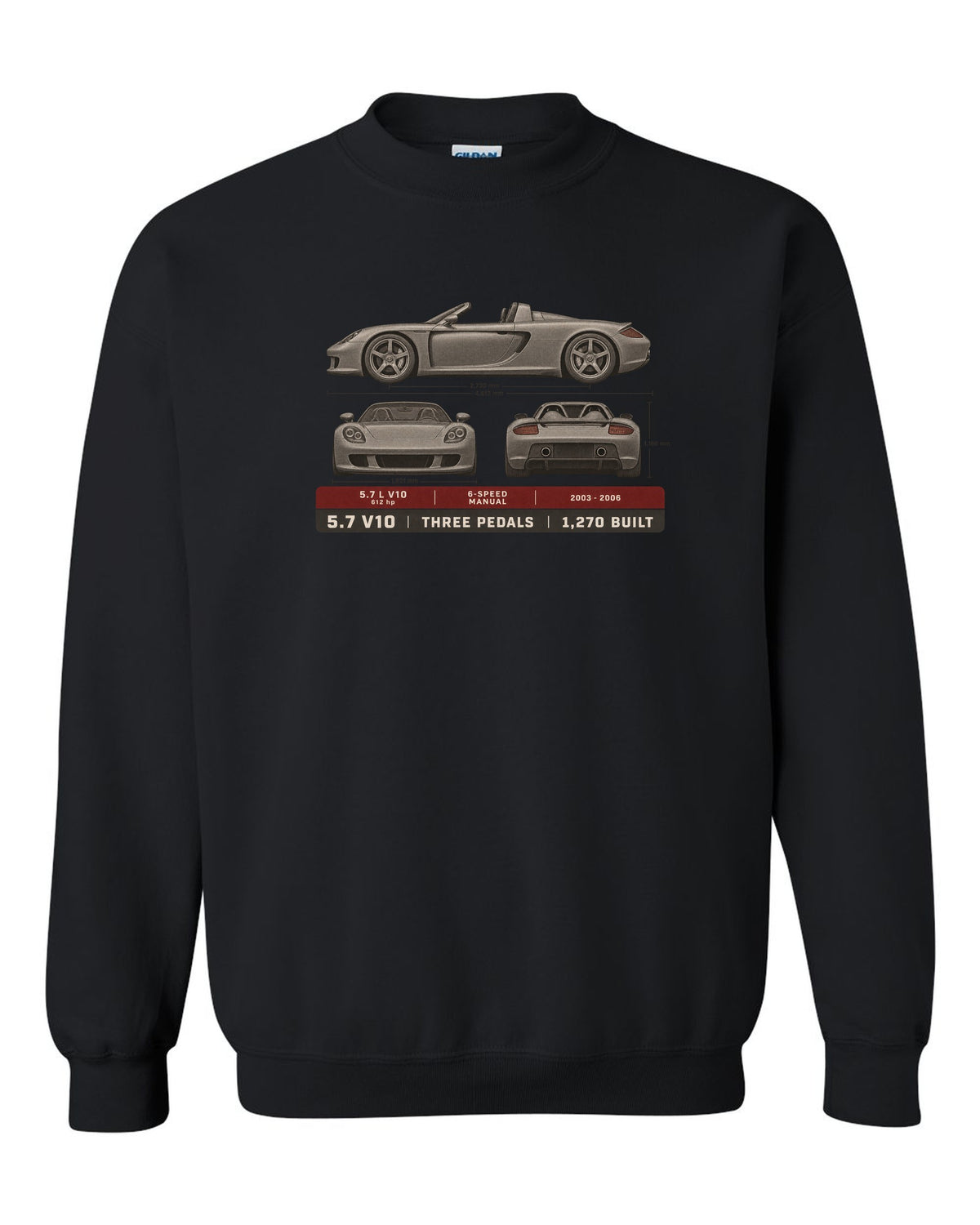Porsche Carrera GT three-view and spec table print design black crewneck front view with the design