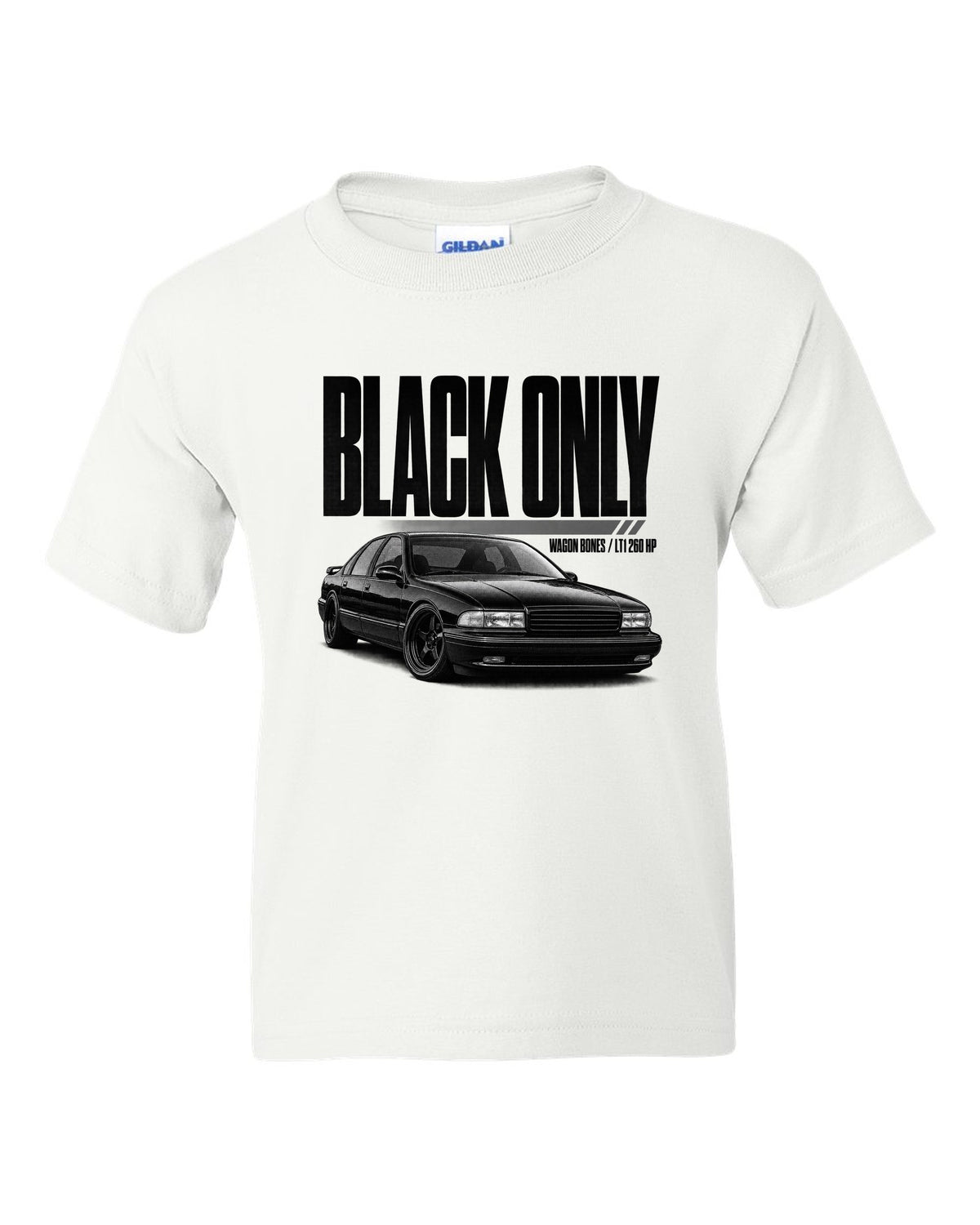 1994 Impala SS front three-quarter halftone print with LT1 text white kids tee front view with the design